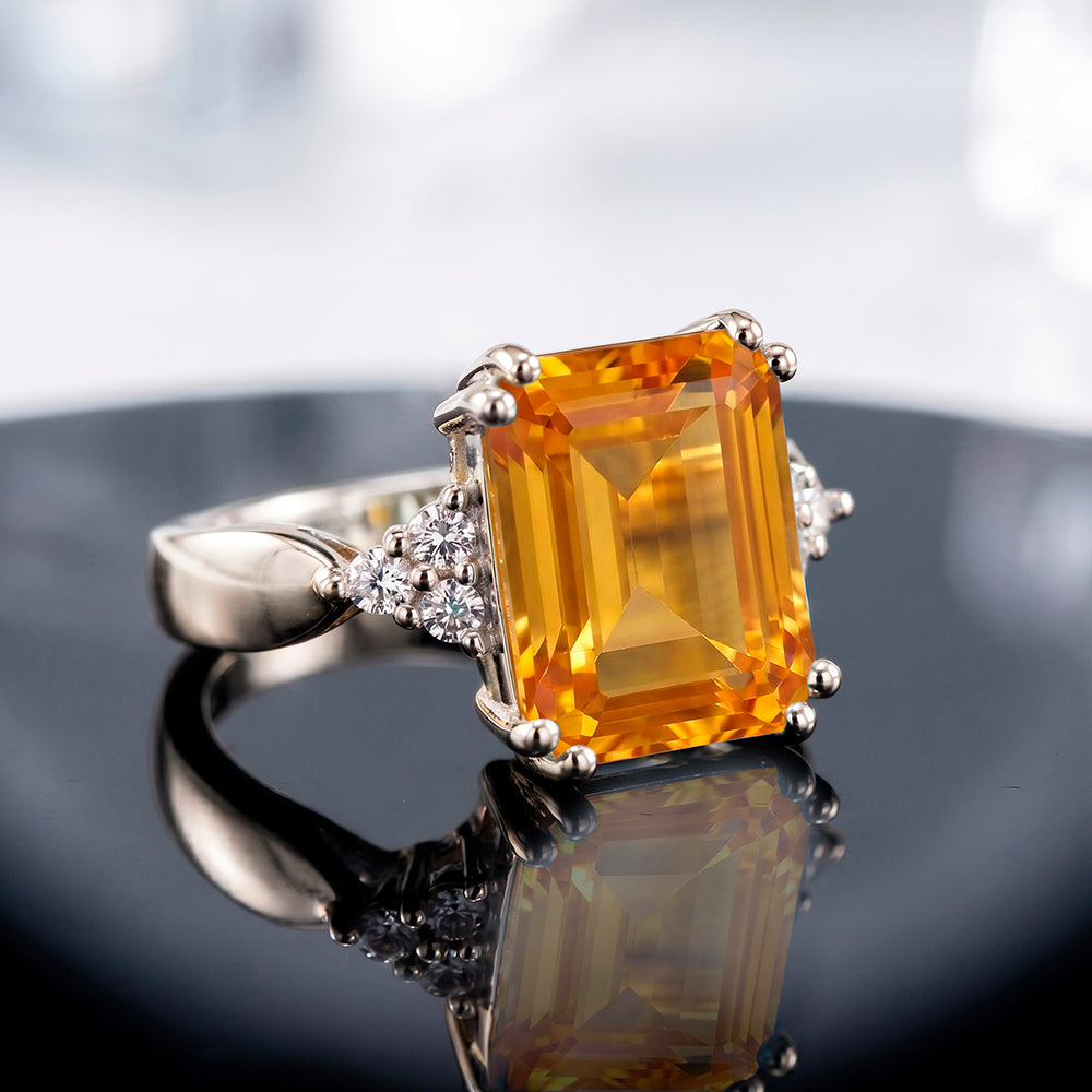 Emerald-Cut Citrine Statement Ring with Clear Quartz Accents - H.L.Jewelry