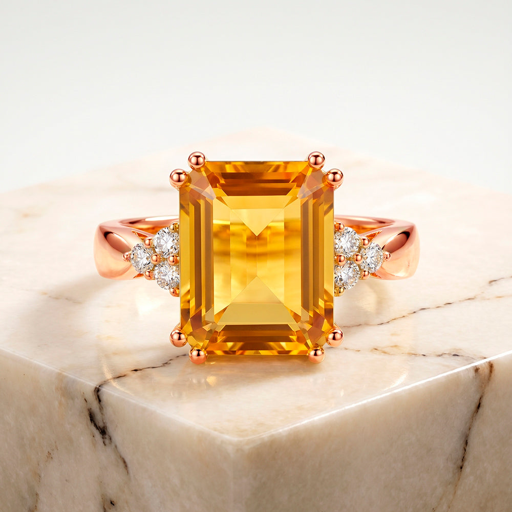 Emerald-Cut Citrine Statement Ring with Clear Quartz Accents - H.L.Jewelry