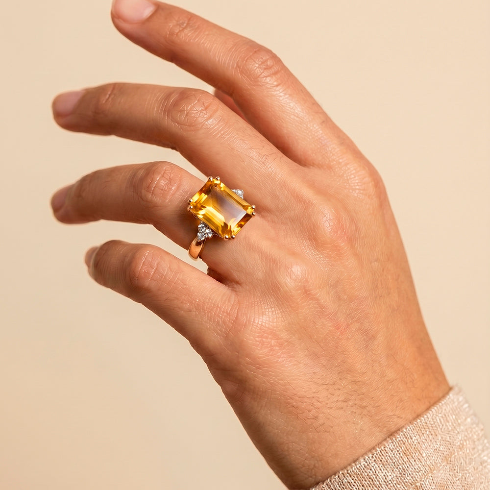 Emerald-Cut Citrine Statement Ring with Clear Quartz Accents - H.L.Jewelry