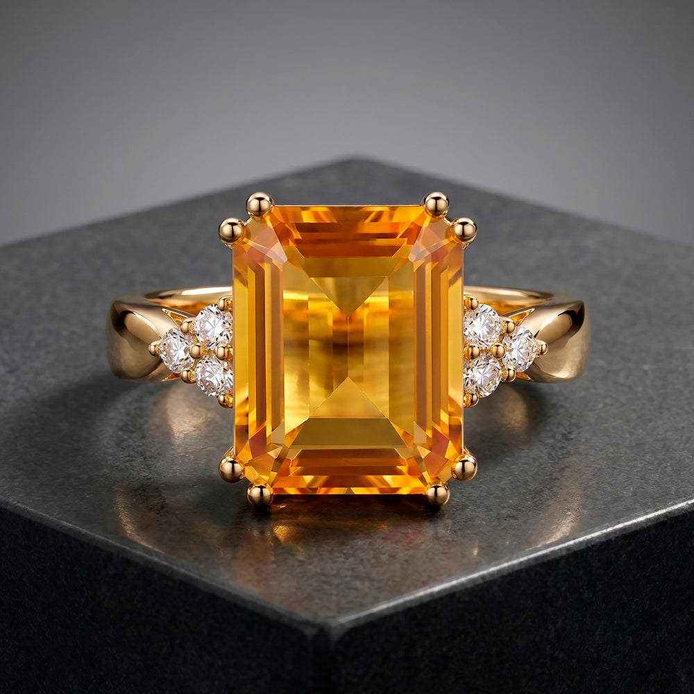 Emerald-Cut Citrine Statement Ring with Clear Quartz Accents - H.L.Jewelry