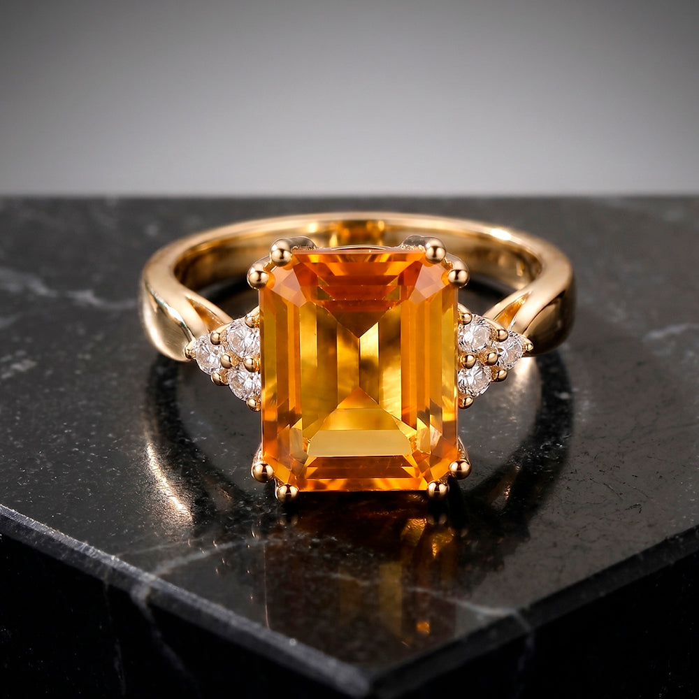 Emerald-Cut Citrine Statement Ring with Clear Quartz Accents - H.L.Jewelry