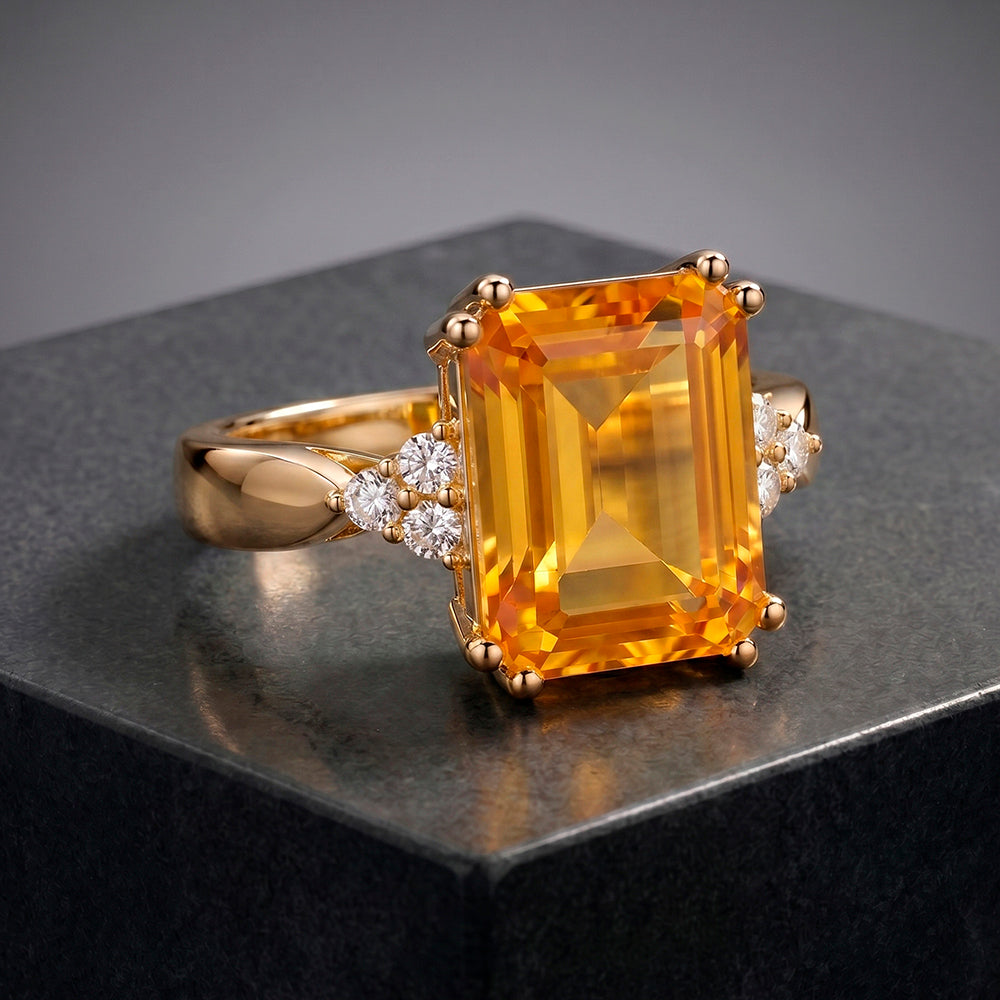 Emerald-Cut Citrine Statement Ring with Clear Quartz Accents - H.L.Jewelry
