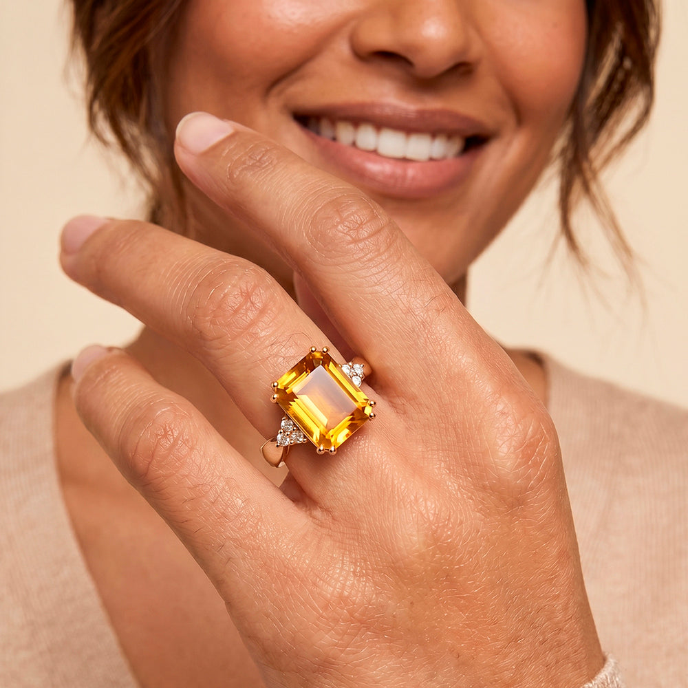 Emerald-Cut Citrine Statement Ring with Clear Quartz Accents - H.L.Jewelry