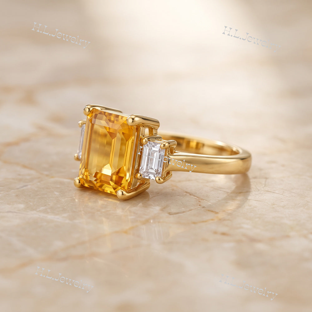 Emerald-Cut Citrine Statement Ring with Clear Quartz Accents - H.L.Jewelry