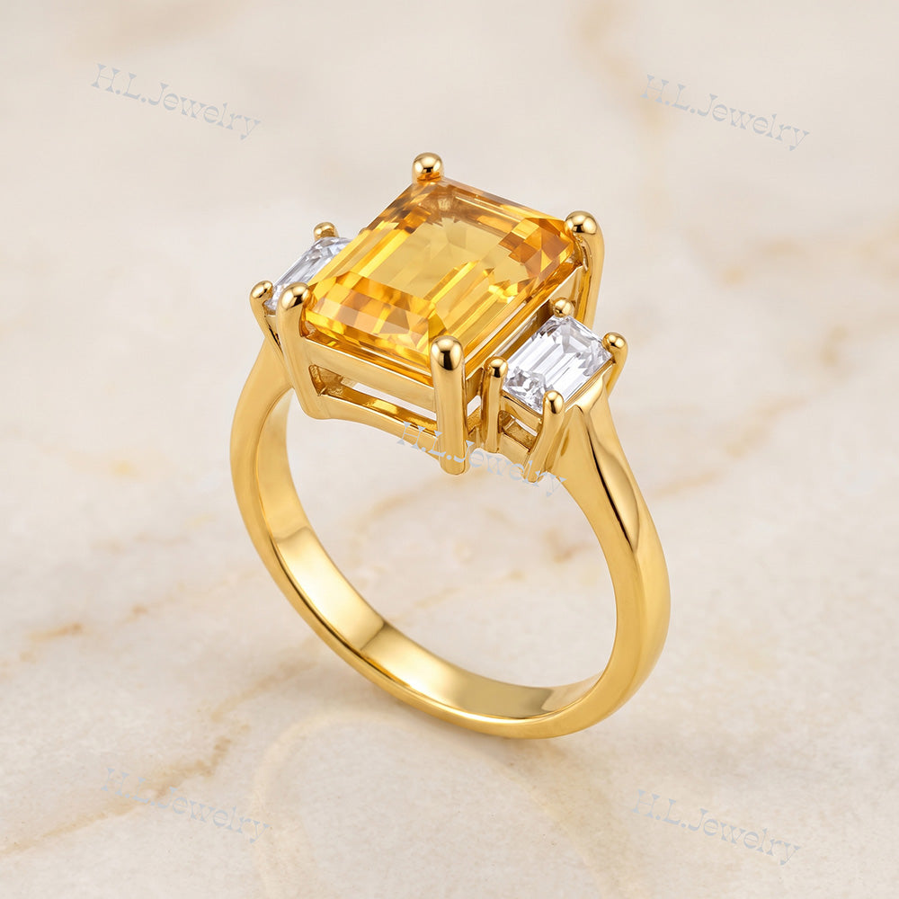 Emerald-Cut Citrine Statement Ring with Clear Quartz Accents - H.L.Jewelry
