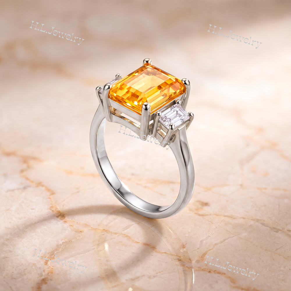 Emerald-Cut Citrine Statement Ring with Clear Quartz Accents - H.L.Jewelry
