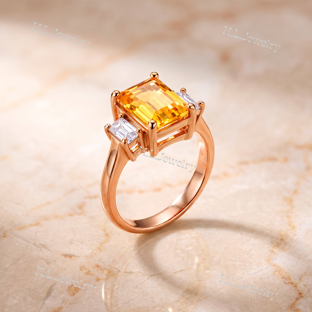 Emerald-Cut Citrine Statement Ring with Clear Quartz Accents - H.L.Jewelry