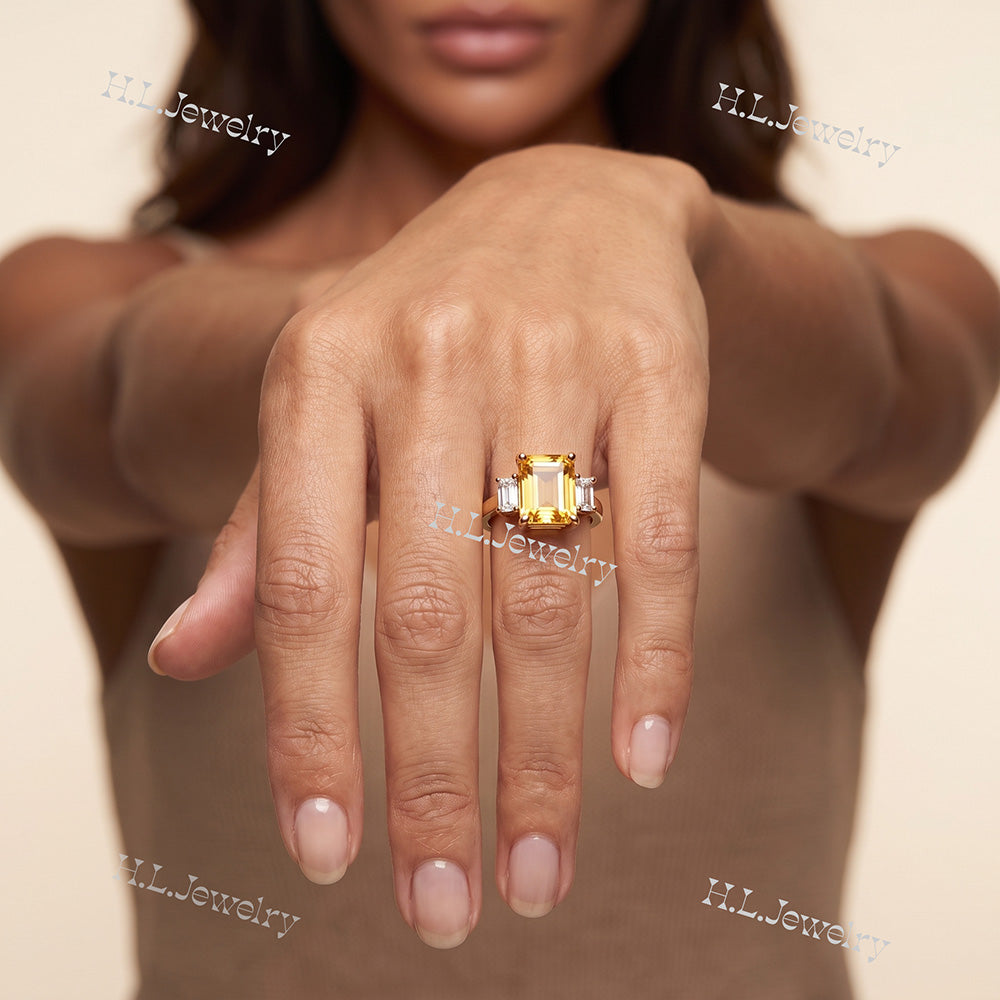 Emerald-Cut Citrine Statement Ring with Clear Quartz Accents - H.L.Jewelry