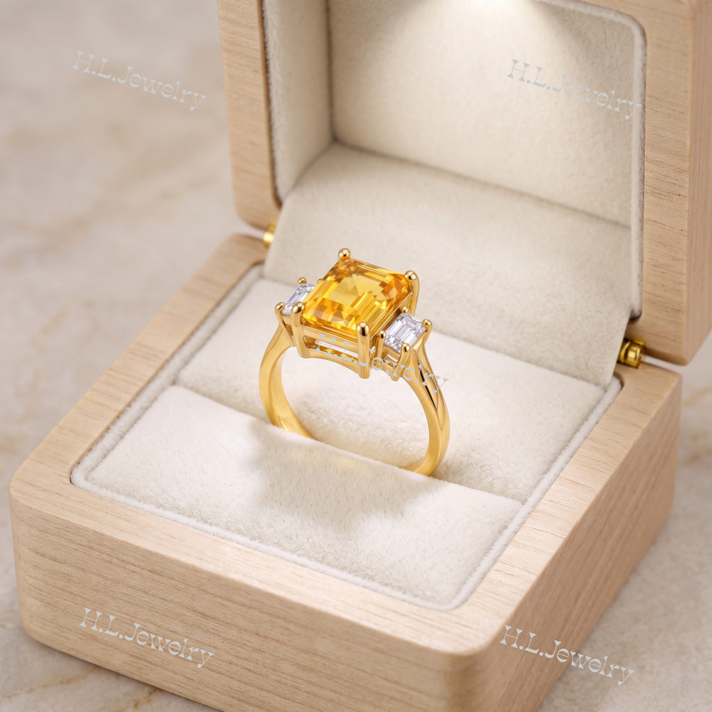 Emerald-Cut Citrine Statement Ring with Clear Quartz Accents - H.L.Jewelry