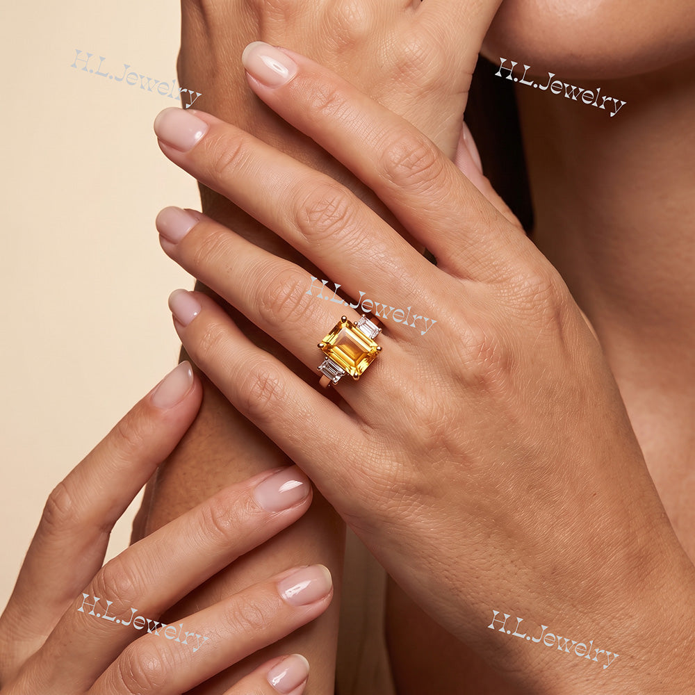 Emerald-Cut Citrine Statement Ring with Clear Quartz Accents - H.L.Jewelry