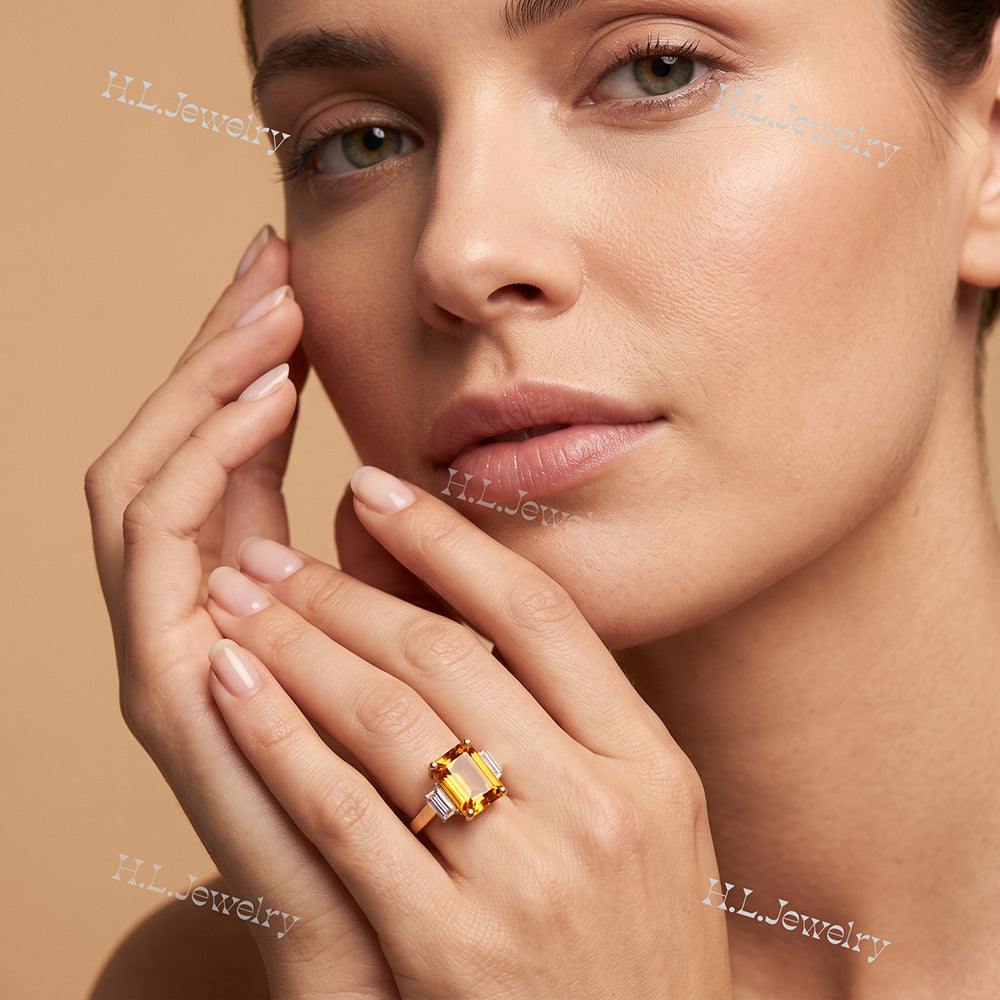 Emerald-Cut Citrine Statement Ring with Clear Quartz Accents - H.L.Jewelry