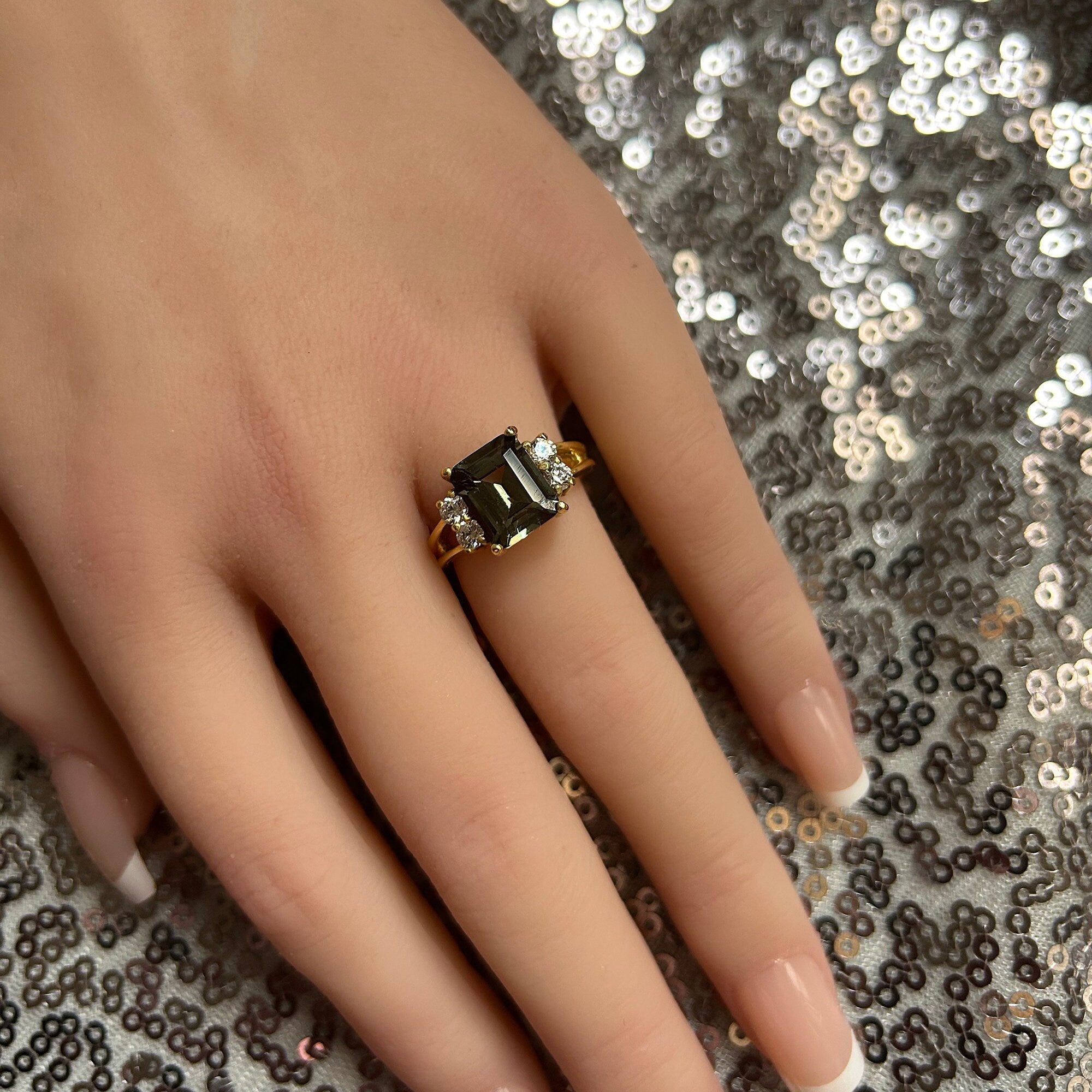 Emerald Cut Green Tourmaline Double Band Ring with Clear Quartz Accents - H.L.Jewelry