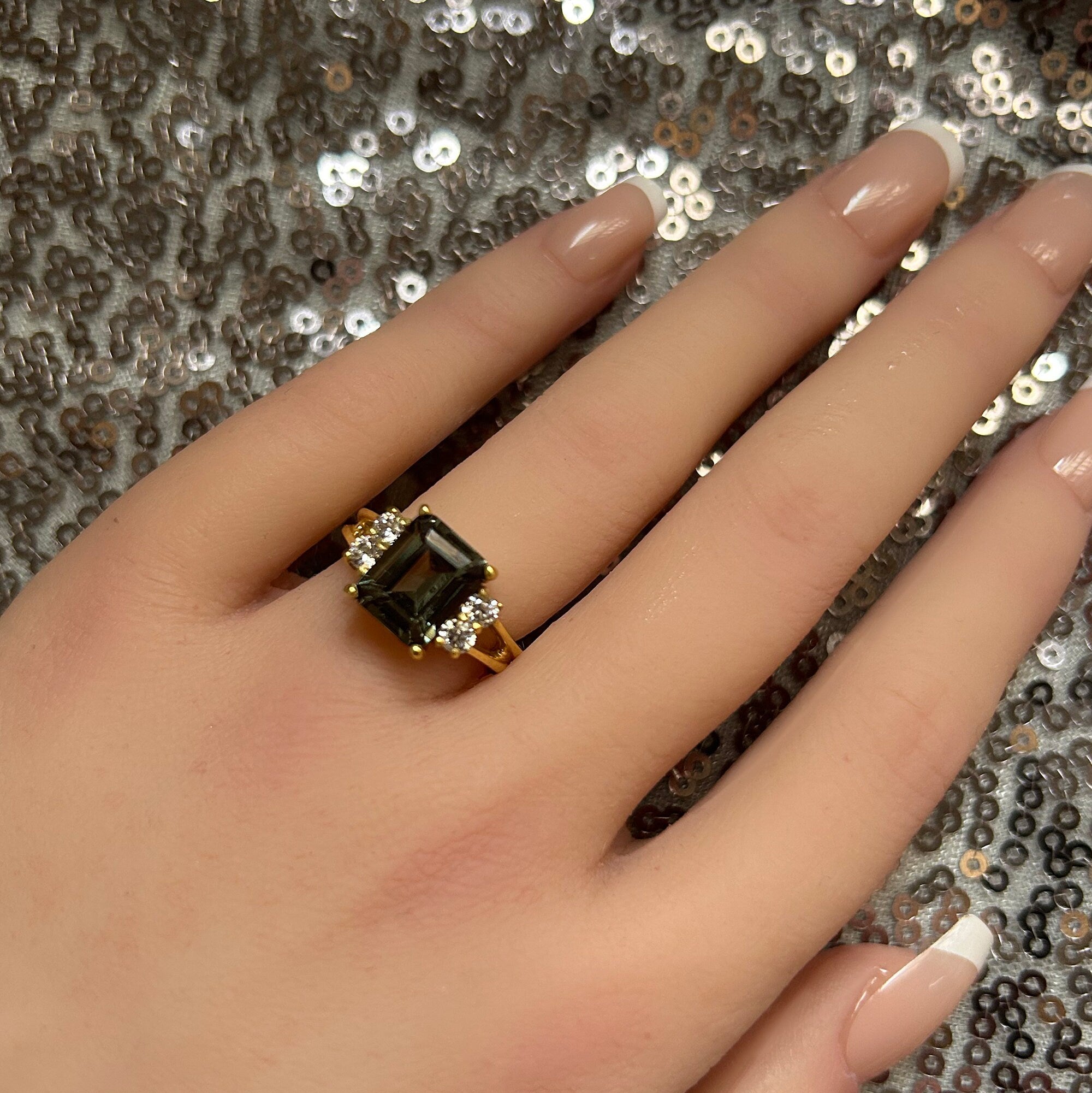 Emerald Cut Green Tourmaline Double Band Ring with Clear Quartz Accents - H.L.Jewelry