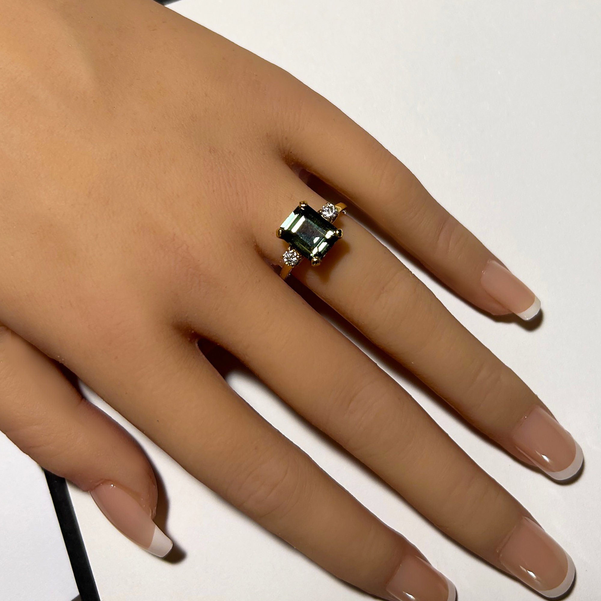 Emerald-Cut Green Tourmaline Ring with Clear Quartz Accents - H.L.Jewelry