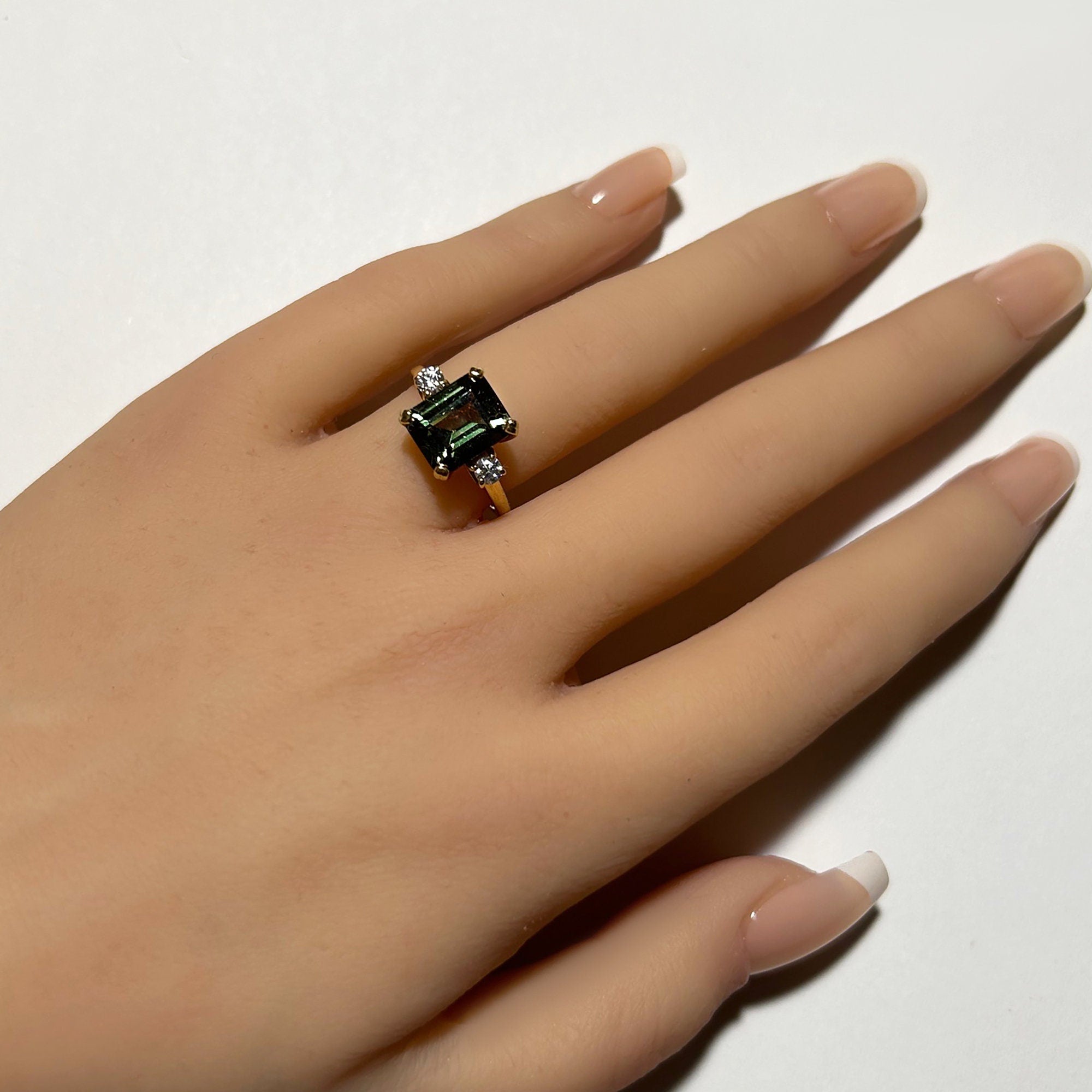 Emerald-Cut Green Tourmaline Ring with Clear Quartz Accents - H.L.Jewelry
