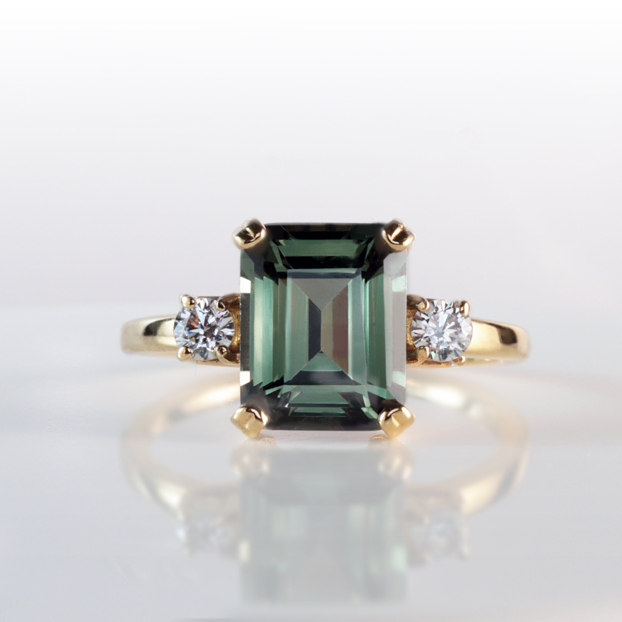 Emerald-Cut Green Tourmaline Ring with Clear Quartz Accents - H.L.Jewelry