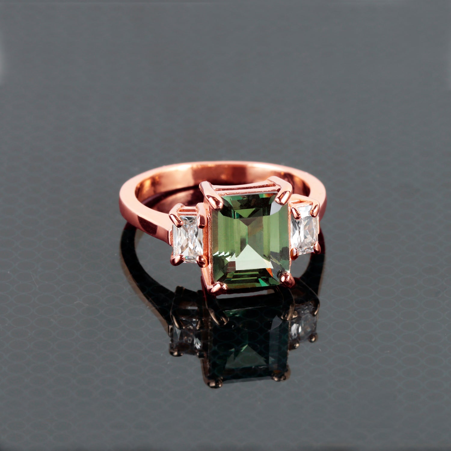 Emerald-Cut Green Tourmaline Ring with Clear Quartz Accents - H.L.Jewelry