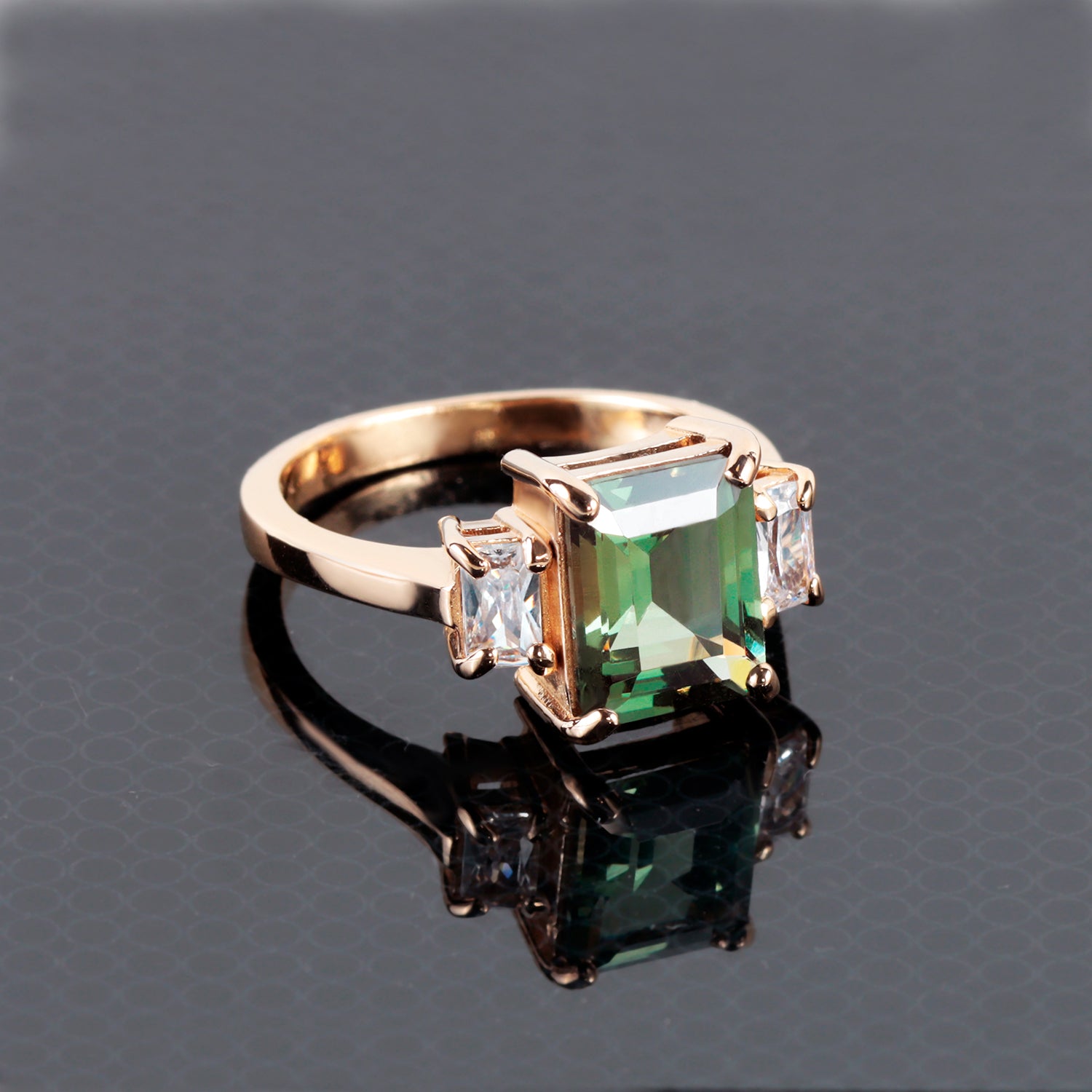 Emerald-Cut Green Tourmaline Ring with Clear Quartz Accents - H.L.Jewelry