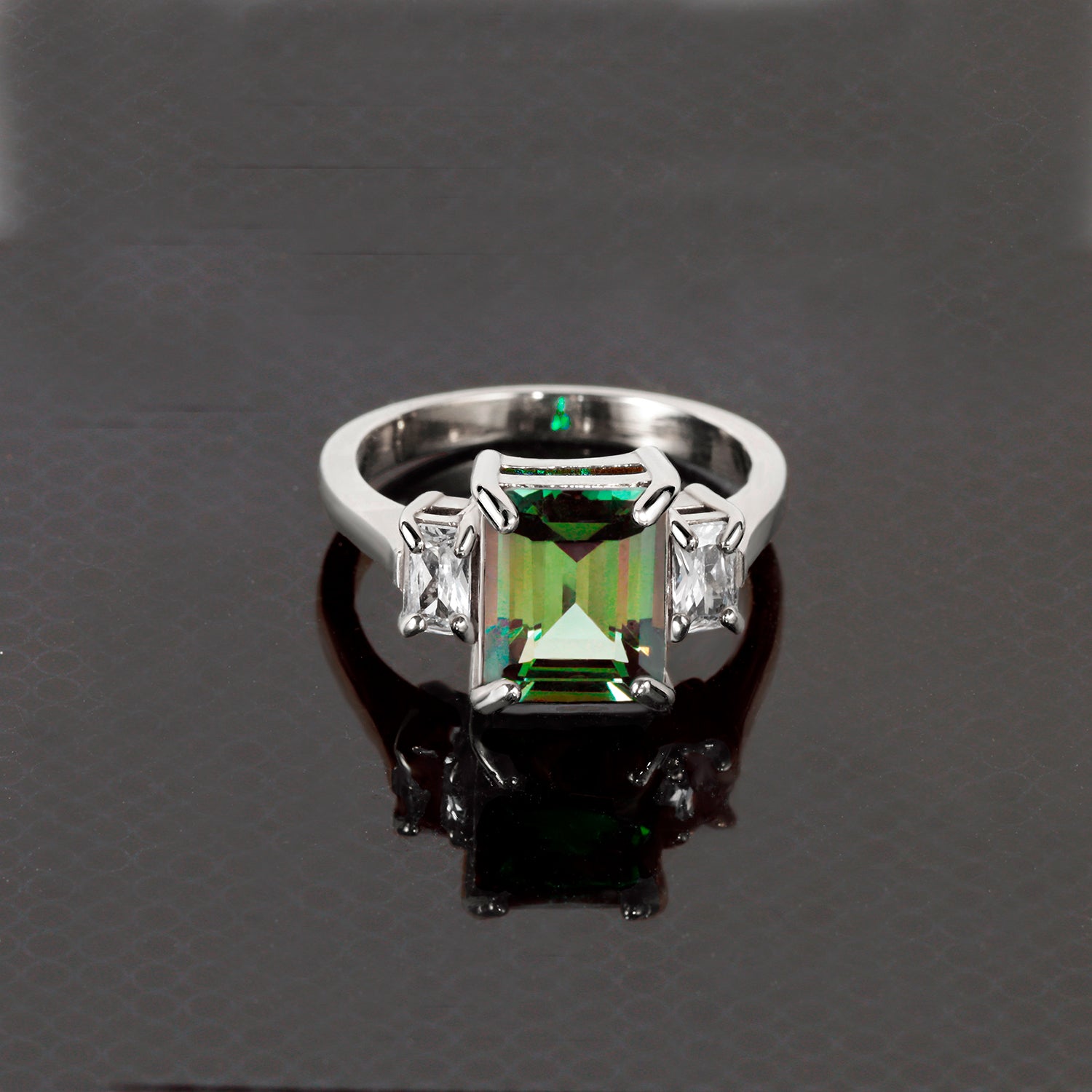 Emerald-Cut Green Tourmaline Ring with Clear Quartz Accents - H.L.Jewelry