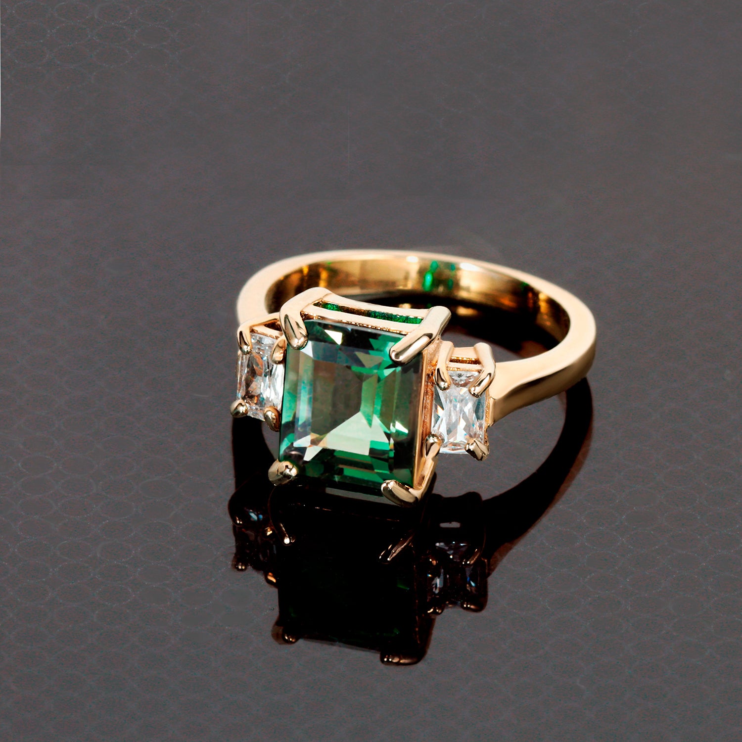 Emerald-Cut Green Tourmaline Ring with Clear Quartz Accents - H.L.Jewelry
