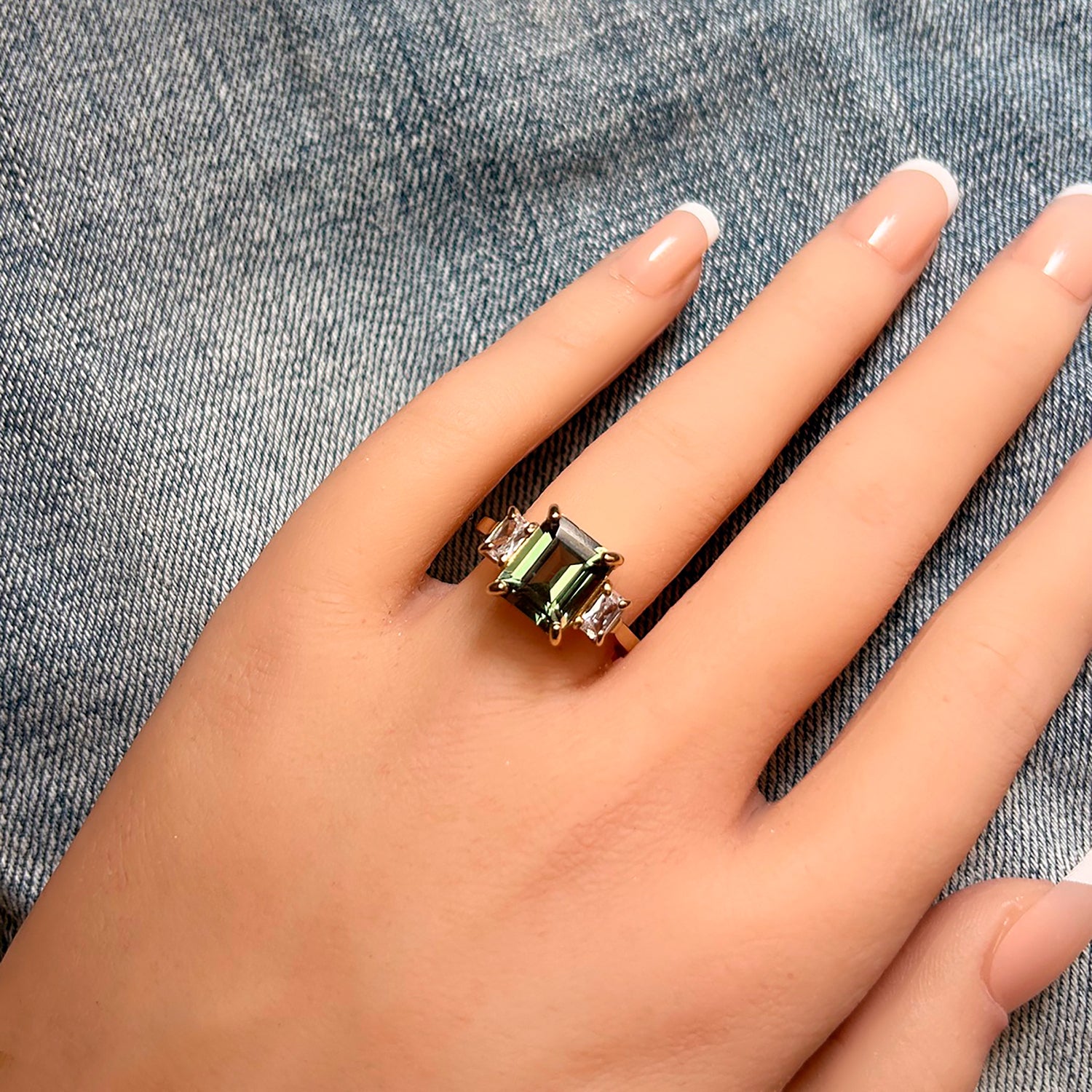 Emerald-Cut Green Tourmaline Ring with Clear Quartz Accents - H.L.Jewelry