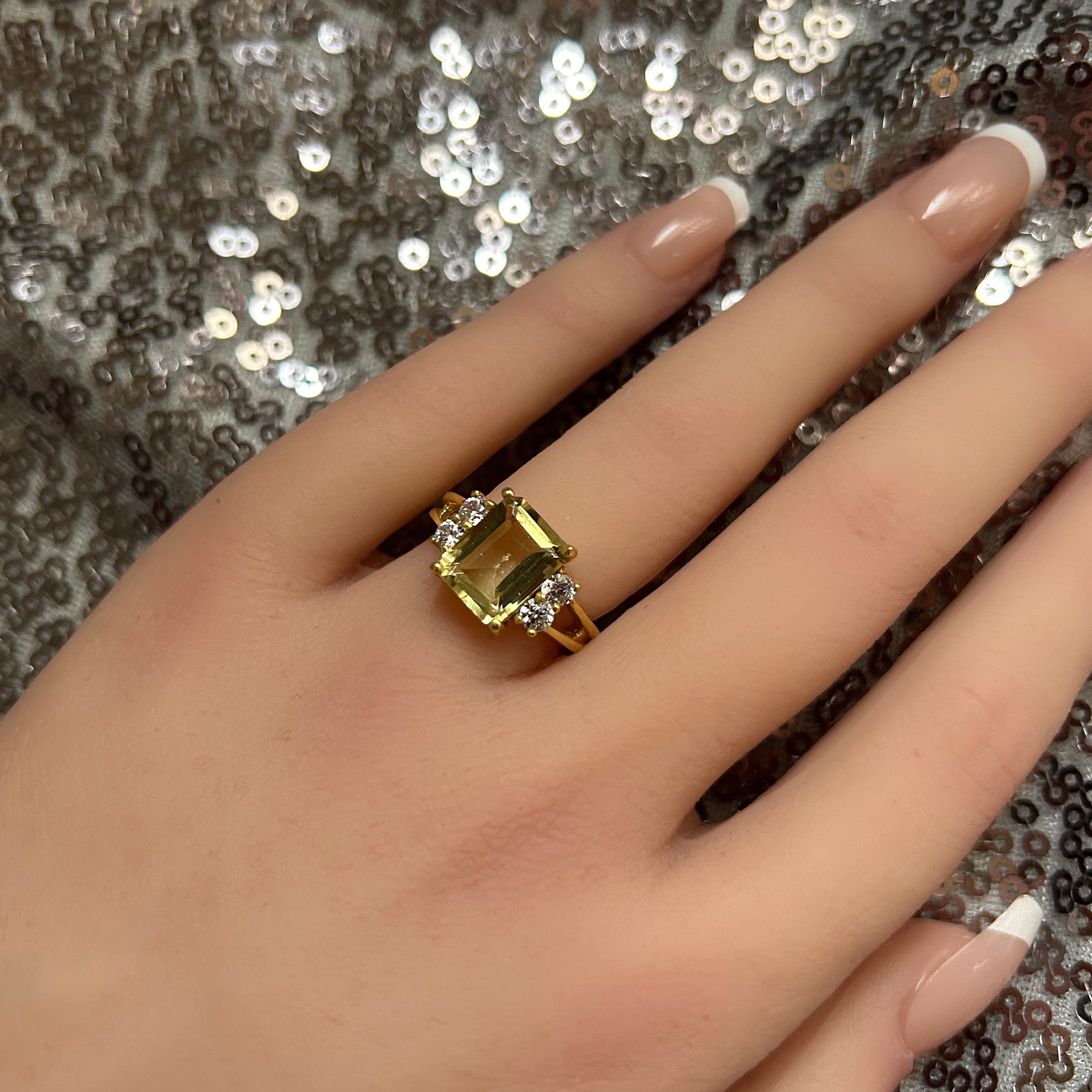 Emerald-Cut Lemon Quartz Double Band Ring with Clear Quartz Accents - H.L.Jewelry
