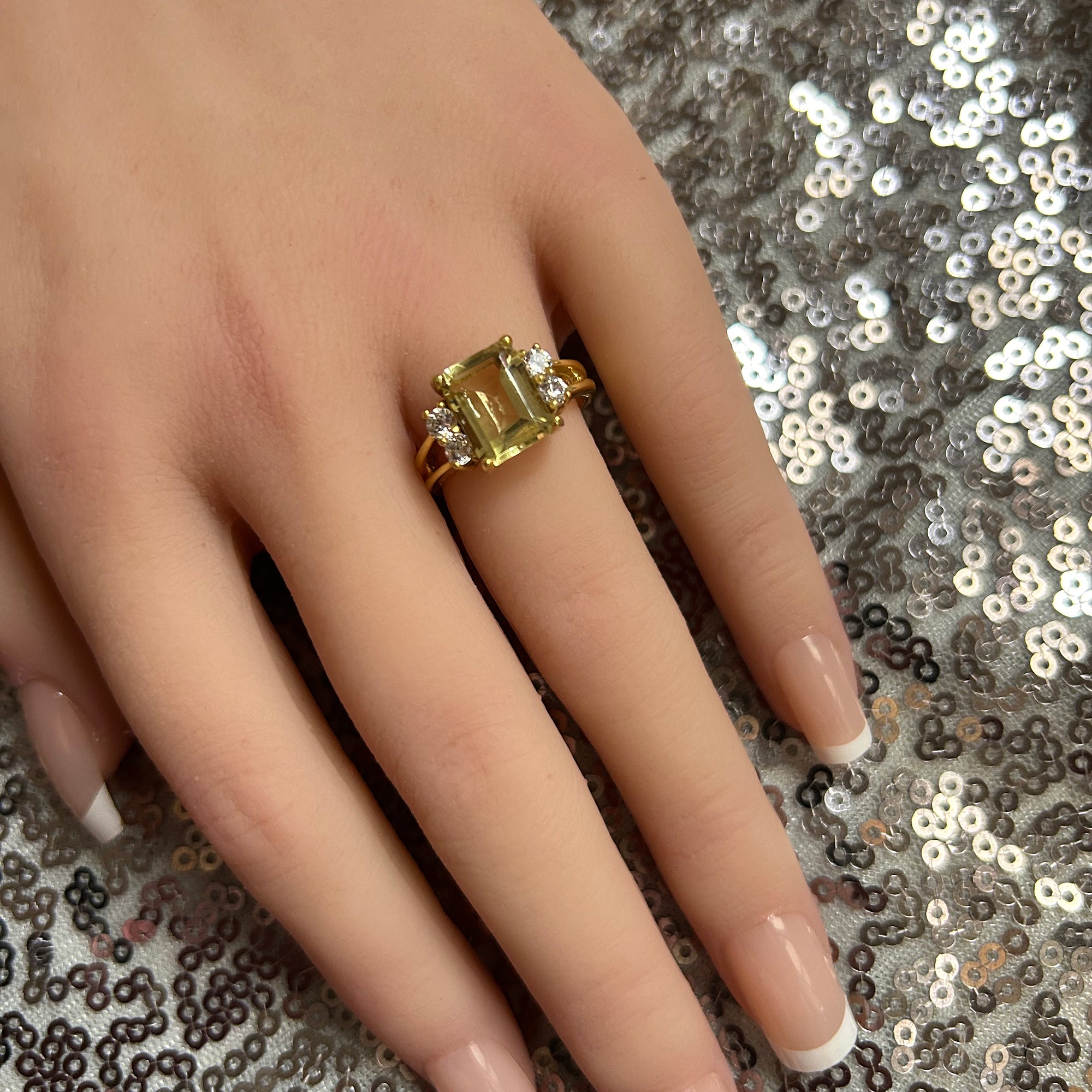 Emerald-Cut Lemon Quartz Double Band Ring with Clear Quartz Accents - H.L.Jewelry