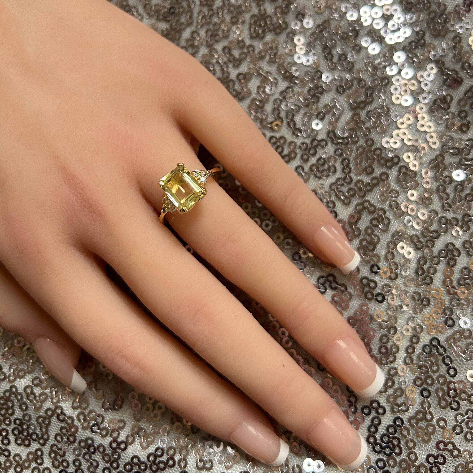 Emerald-Cut Lemon Quartz Engagement Ring with Clear Quartz Accents - H.L.Jewelry