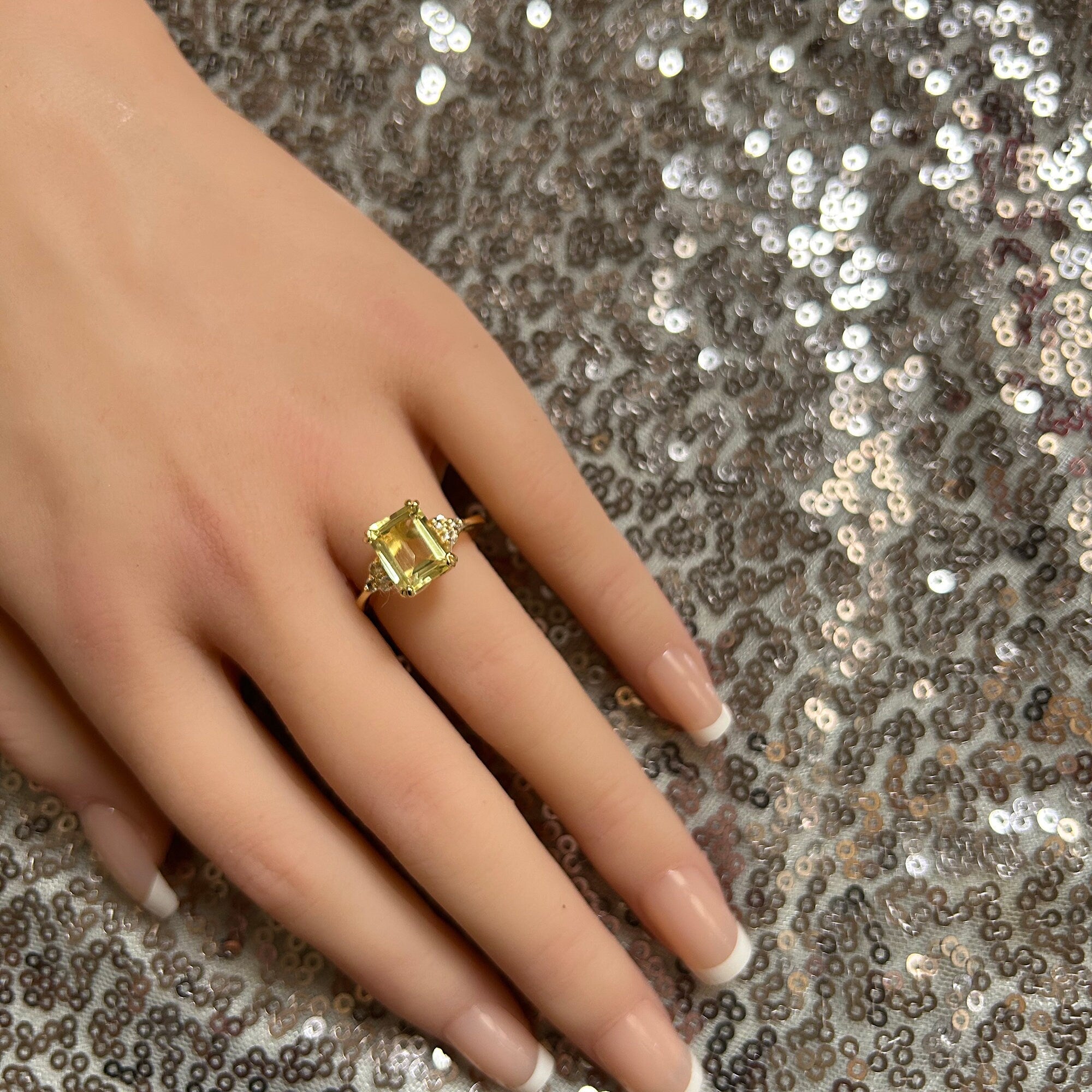 Emerald-Cut Lemon Quartz Engagement Ring with Clear Quartz Accents - H.L.Jewelry