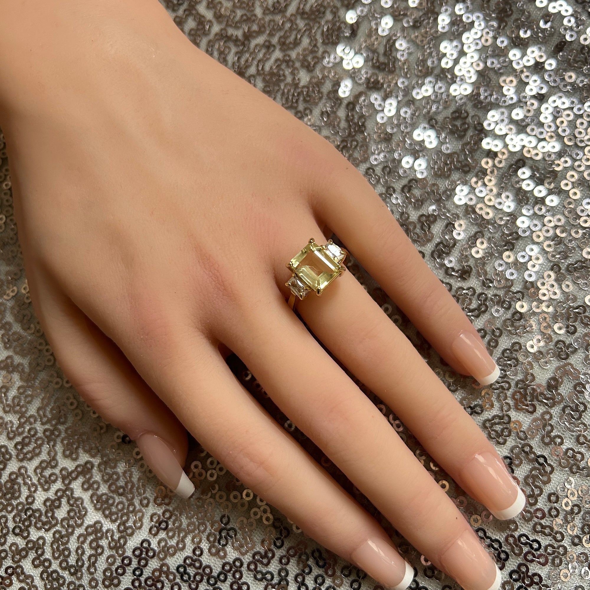 Emerald-Cut Lemon Quartz Ring with Clear Quartz Accents - H.L.Jewelry