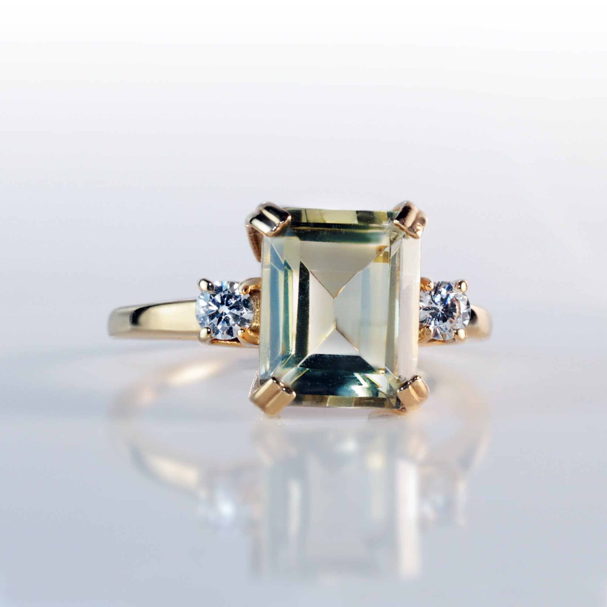 Emerald Cut Lemon Quartz Ring with Clear Quartz Accents - H.L.Jewelry