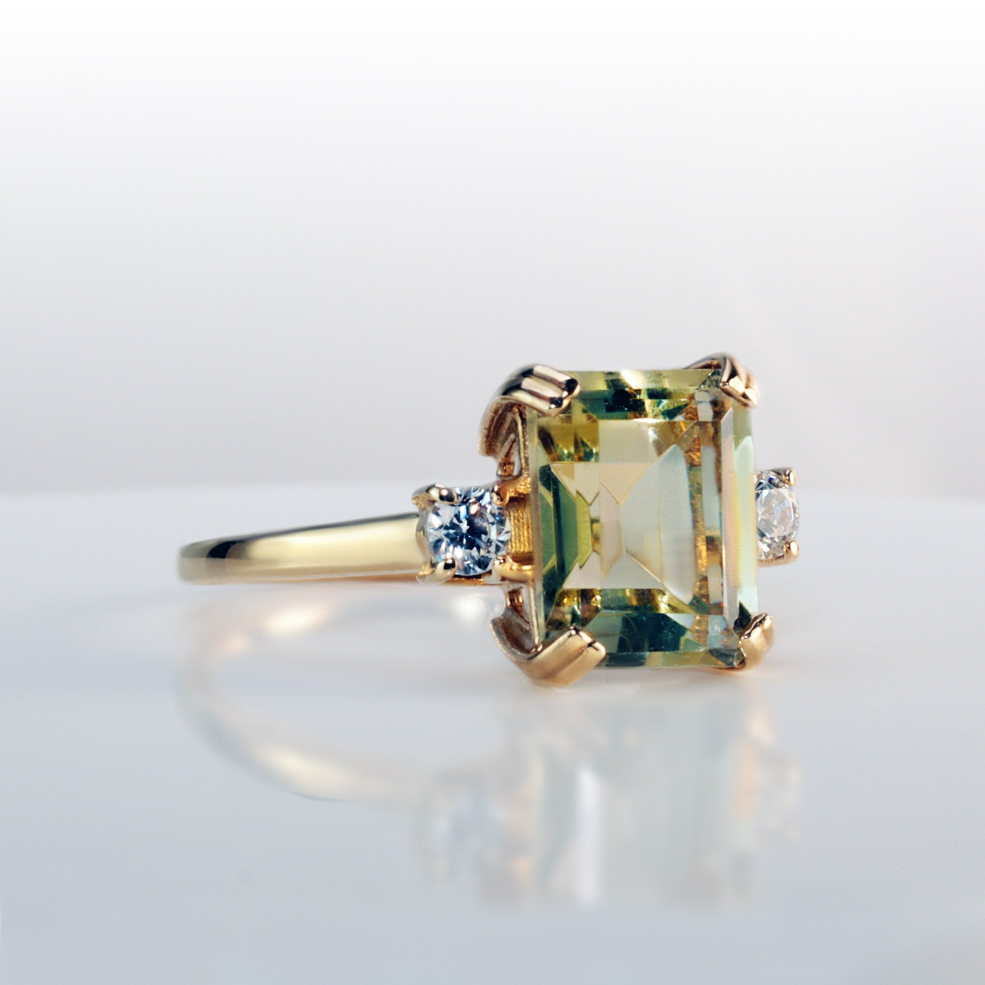 Emerald Cut Lemon Quartz Ring with Clear Quartz Accents - H.L.Jewelry