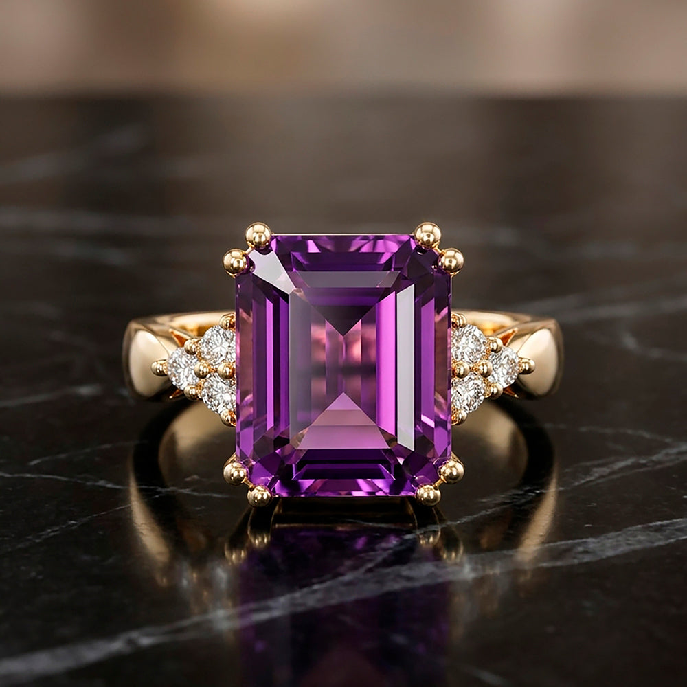 Emerald-Cut Purple Amethyst Statement Ring with Clear Quartz Accents - H.L.Jewelry