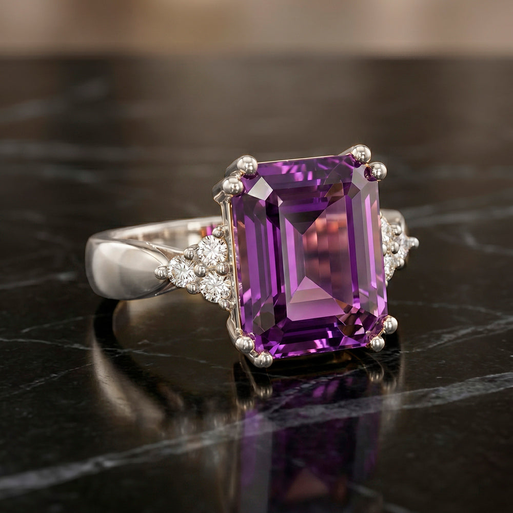 Emerald-Cut Purple Amethyst Statement Ring with Clear Quartz Accents - H.L.Jewelry