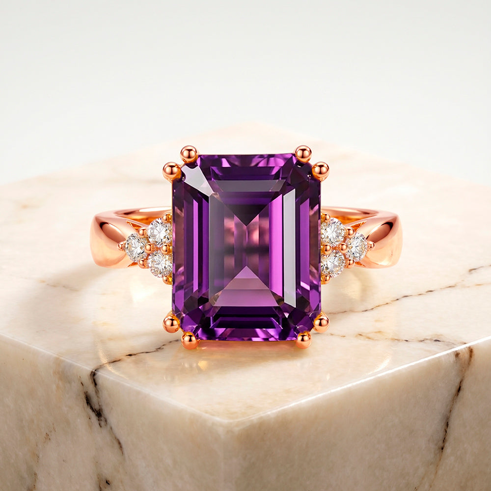 Emerald-Cut Purple Amethyst Statement Ring with Clear Quartz Accents - H.L.Jewelry