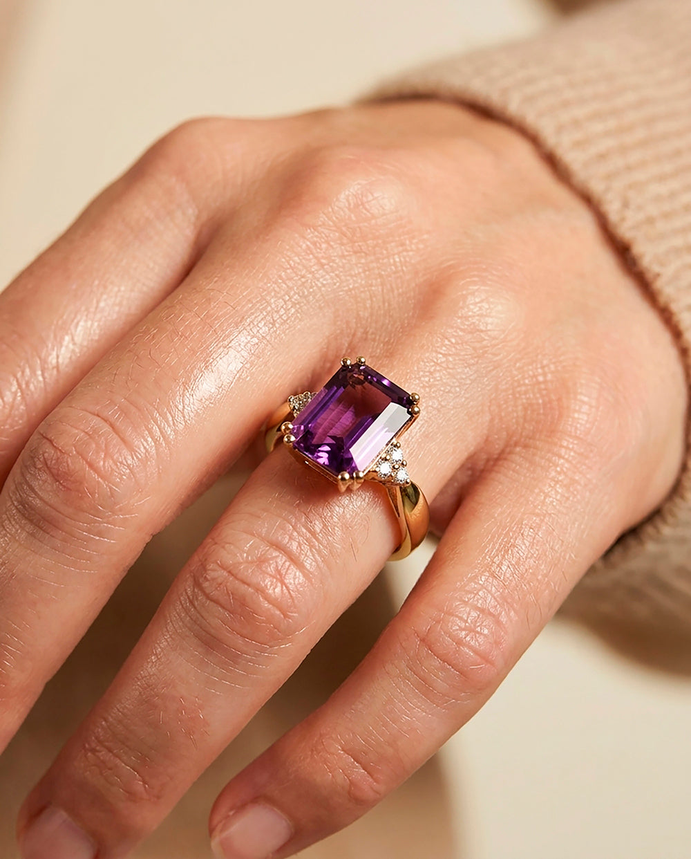 Emerald-Cut Purple Amethyst Statement Ring with Clear Quartz Accents - H.L.Jewelry