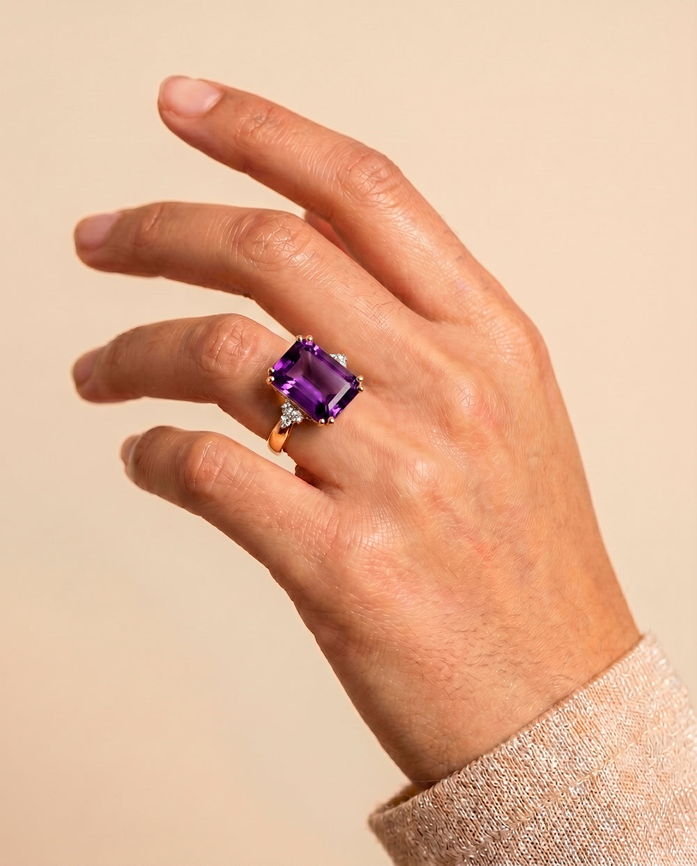 Emerald-Cut Purple Amethyst Statement Ring with Clear Quartz Accents - H.L.Jewelry