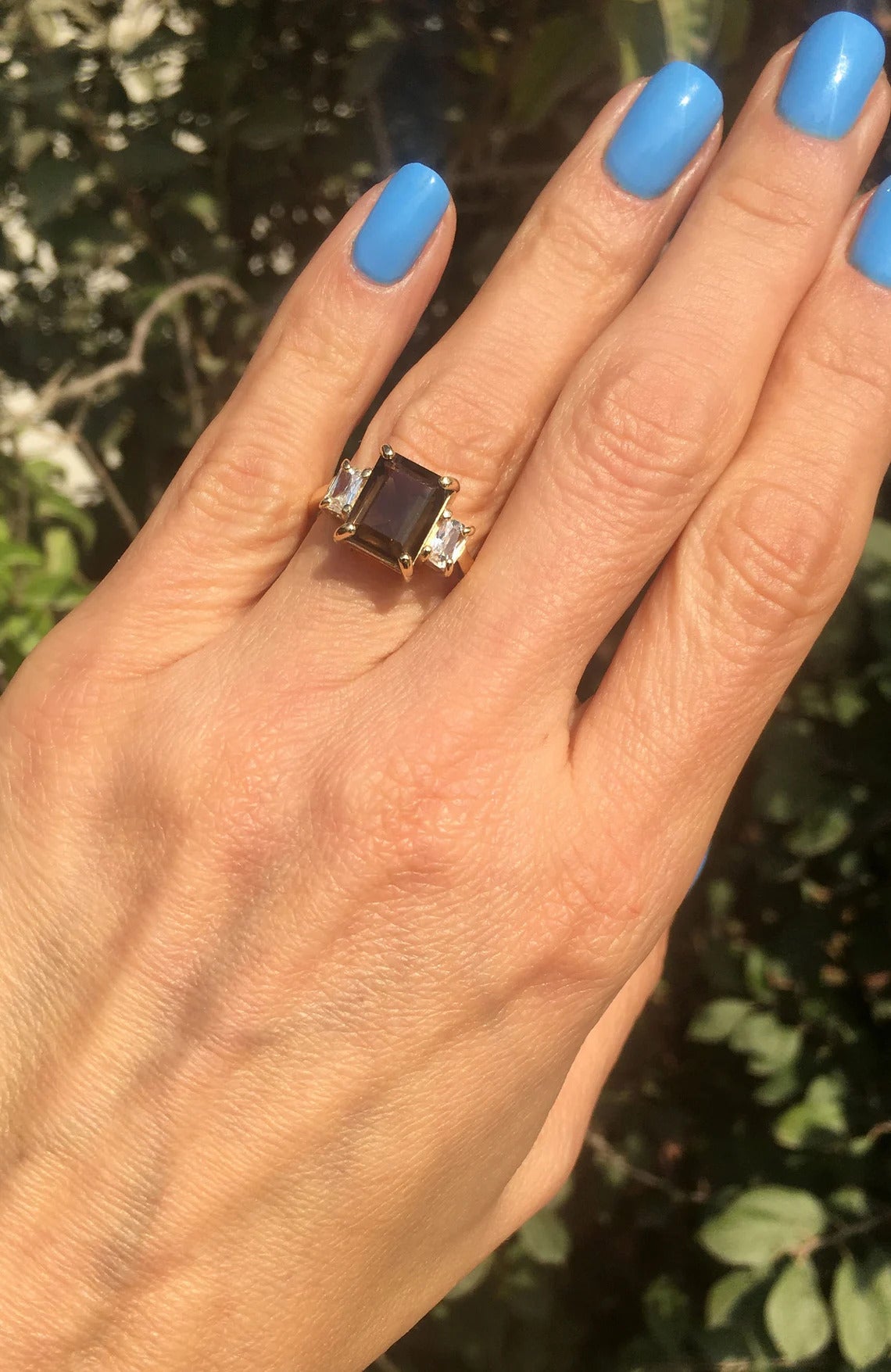 Emerald-Cut Smoky Quartz Statement Ring with Clear Quartz Accents - H.L.Jewelry