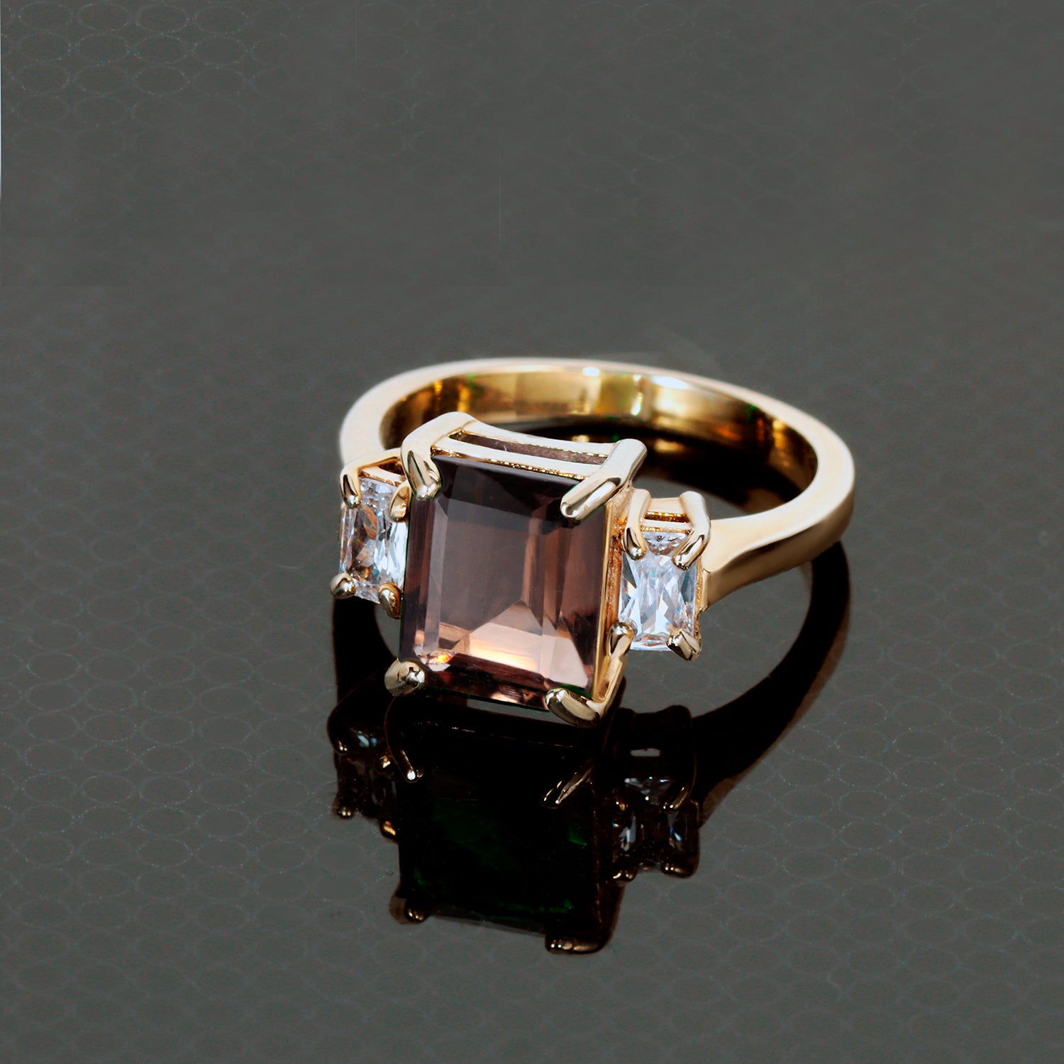 Emerald-Cut Smoky Quartz Statement Ring with Clear Quartz Accents - H.L.Jewelry