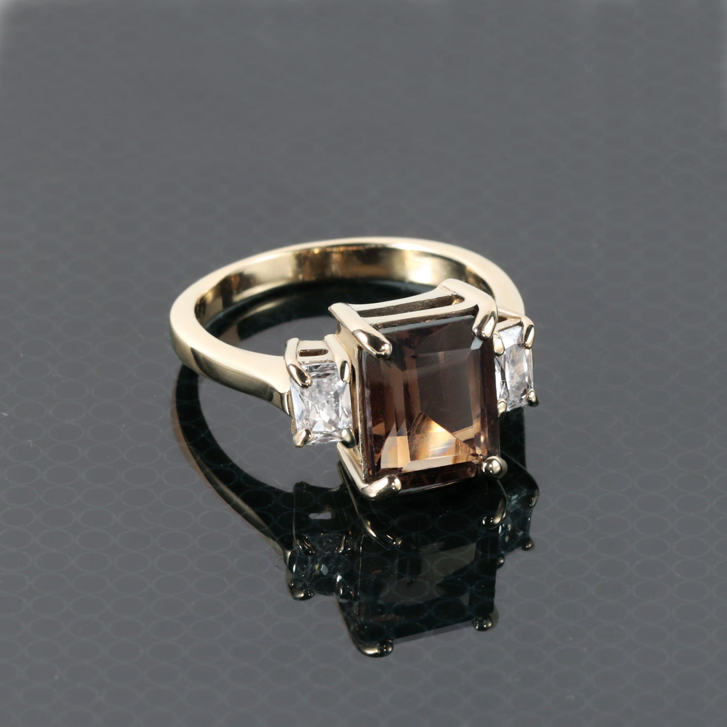 Emerald-Cut Smoky Quartz Statement Ring with Clear Quartz Accents - H.L.Jewelry