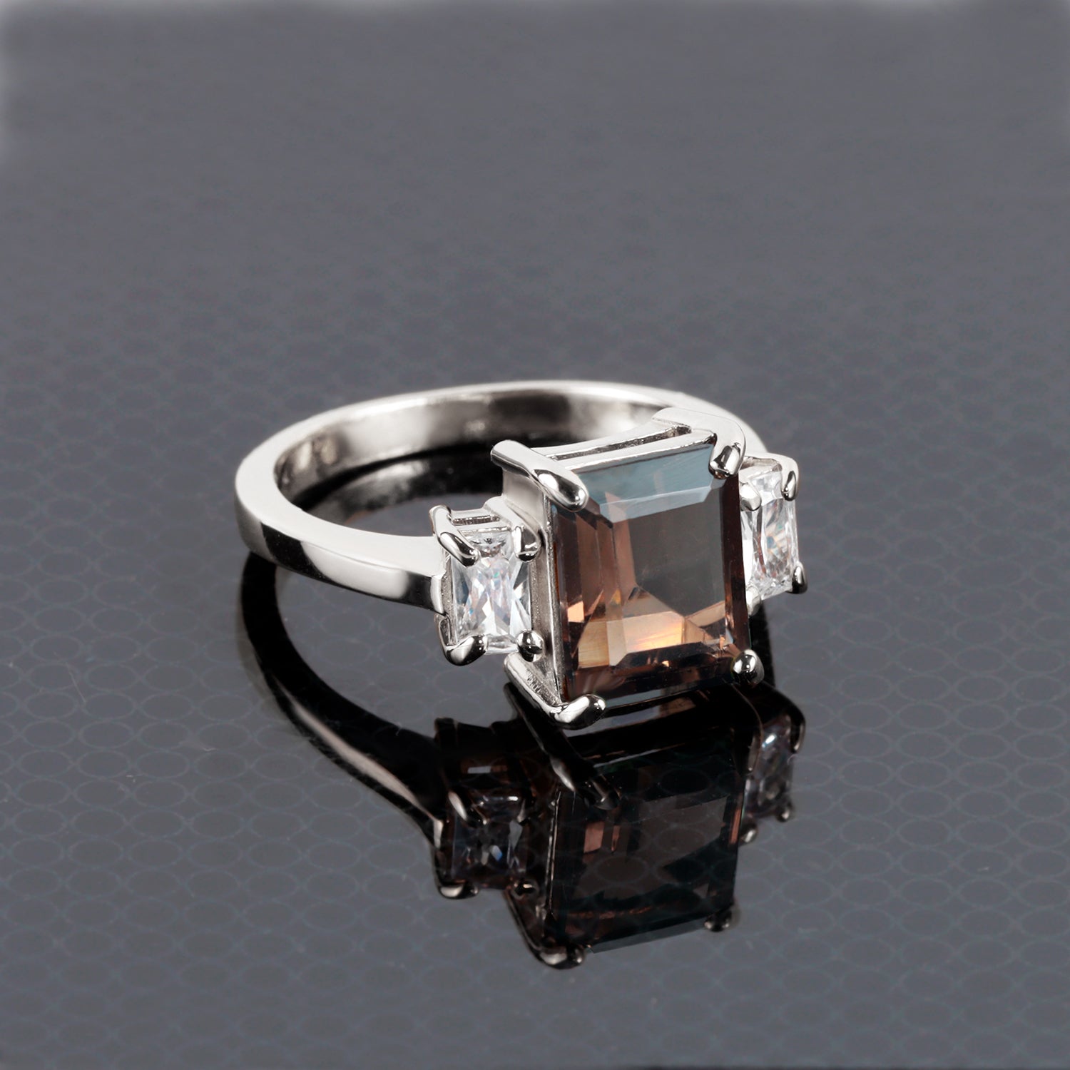 Emerald-Cut Smoky Quartz Statement Ring with Clear Quartz Accents - H.L.Jewelry