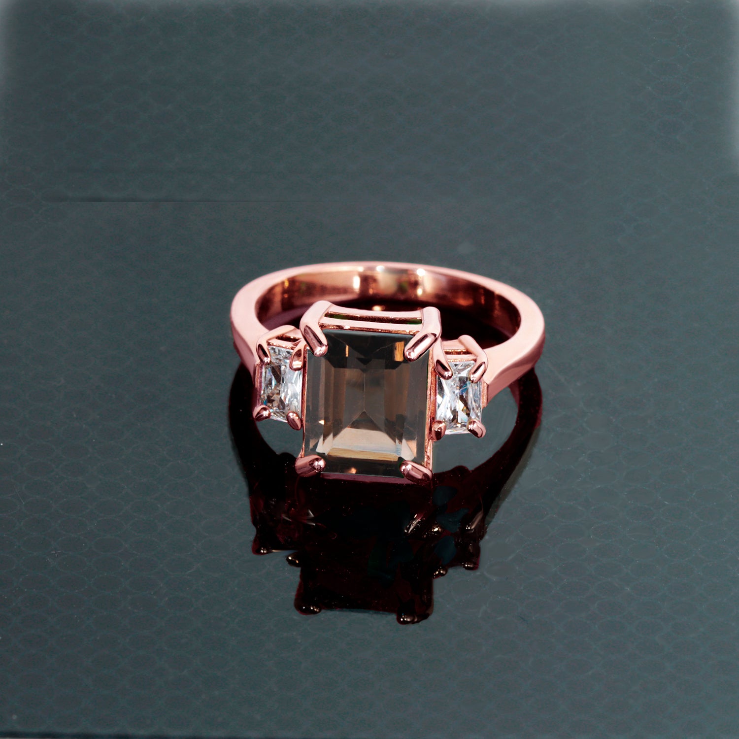 Emerald-Cut Smoky Quartz Statement Ring with Clear Quartz Accents - H.L.Jewelry