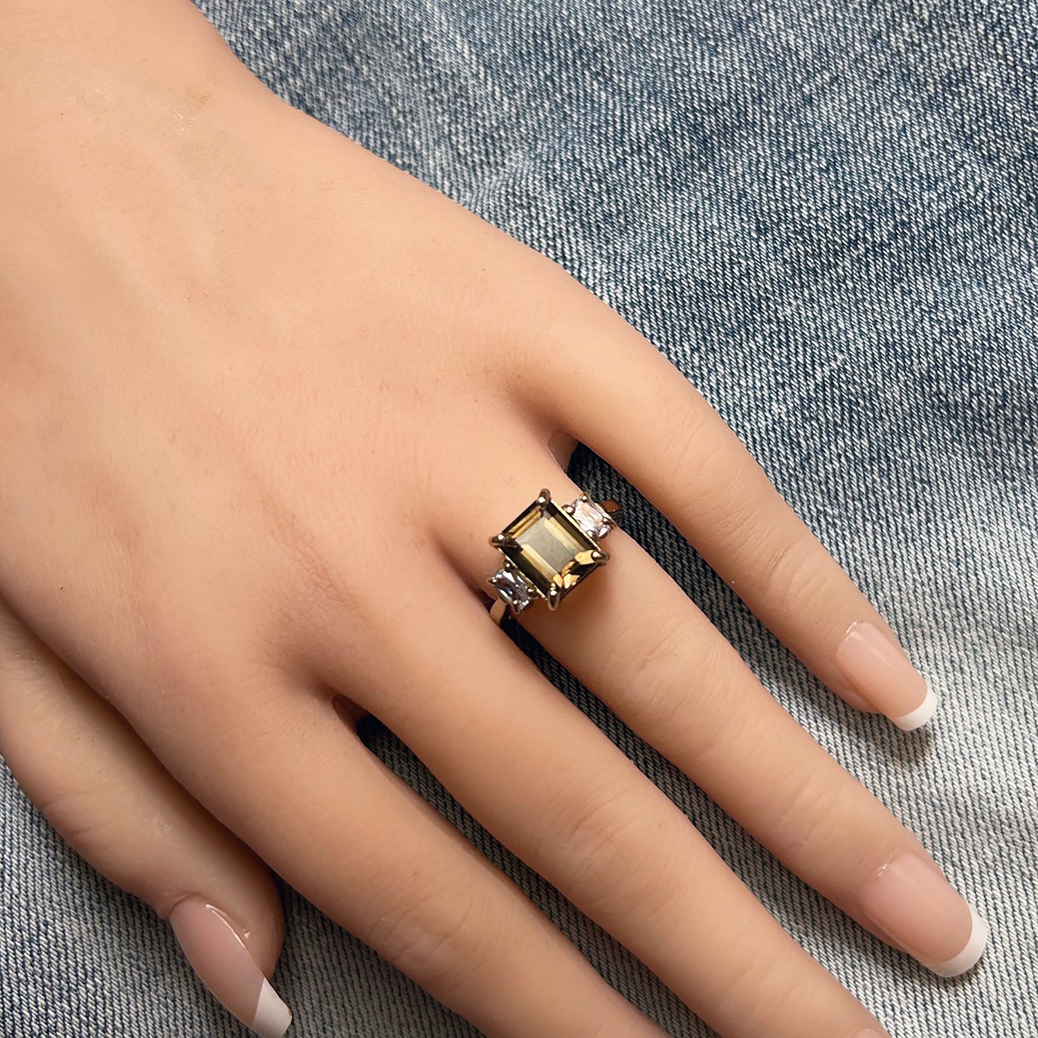 Emerald-Cut Smoky Quartz Statement Ring with Clear Quartz Accents - H.L.Jewelry