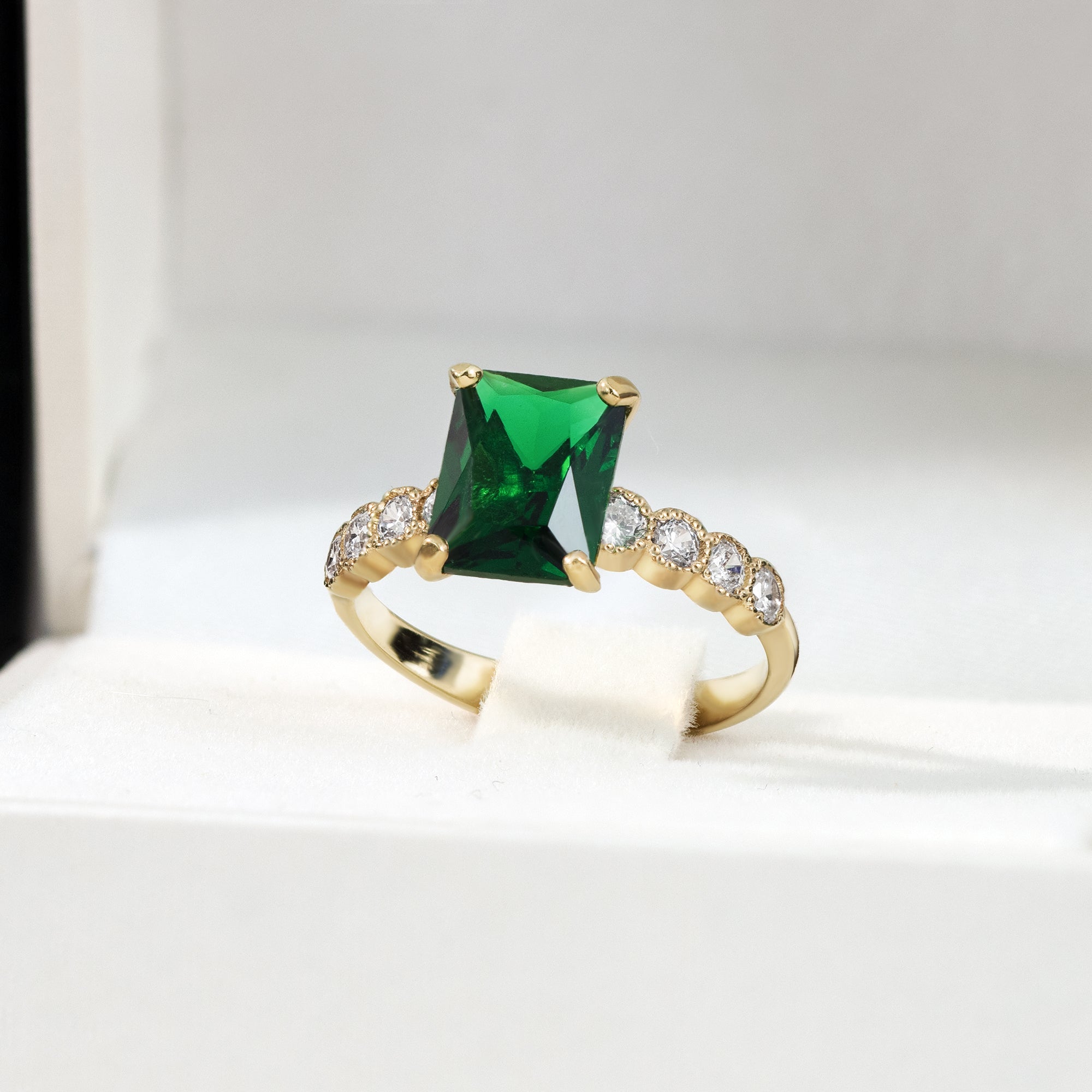 Emerald Ring - May Birthstone - Octagon Emerald Gemstone Statement Engagement Ring with Clear Quartz Accents - H.L.Jewelry