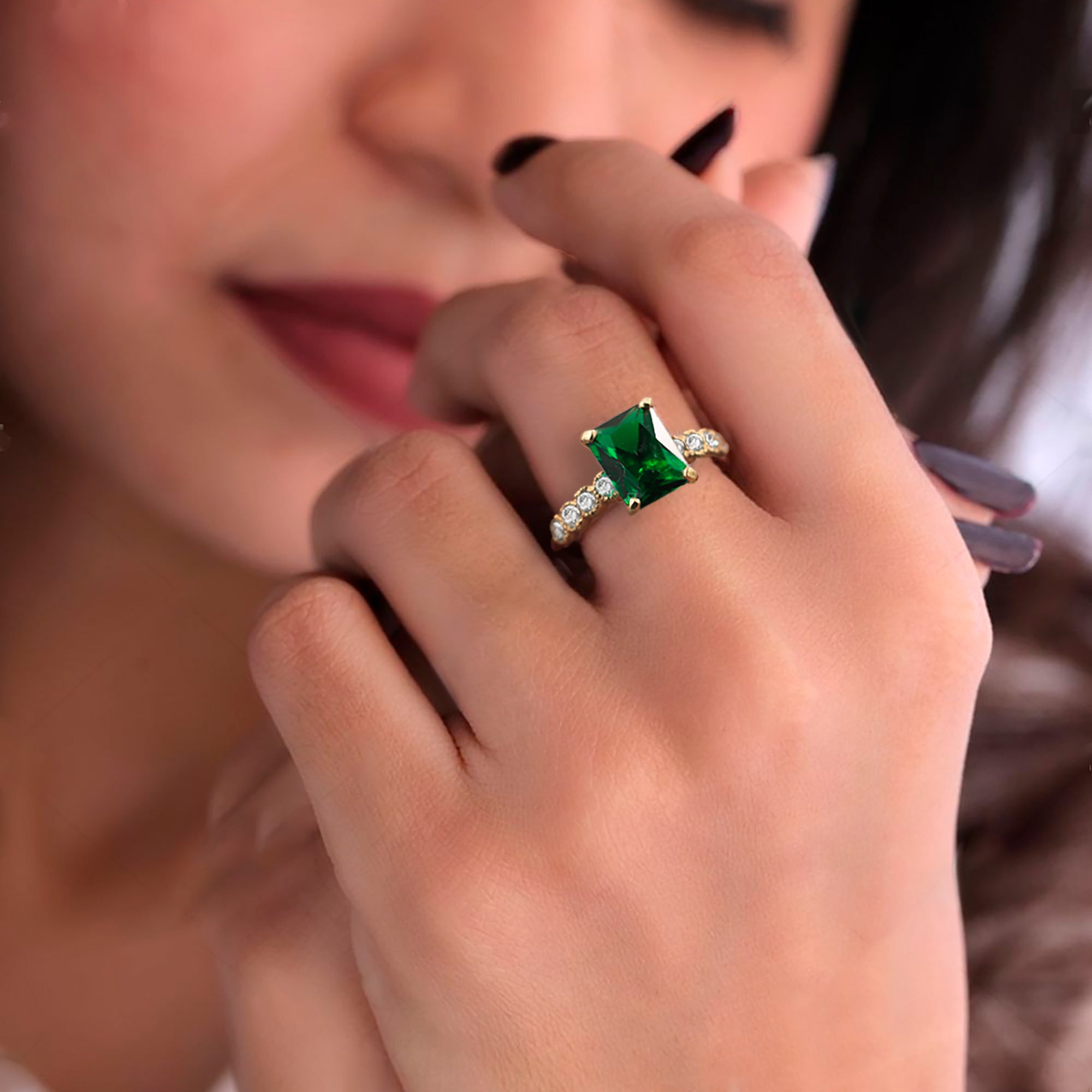 Emerald Ring - May Birthstone - Octagon Emerald Gemstone Statement Engagement Ring with Clear Quartz Accents - H.L.Jewelry