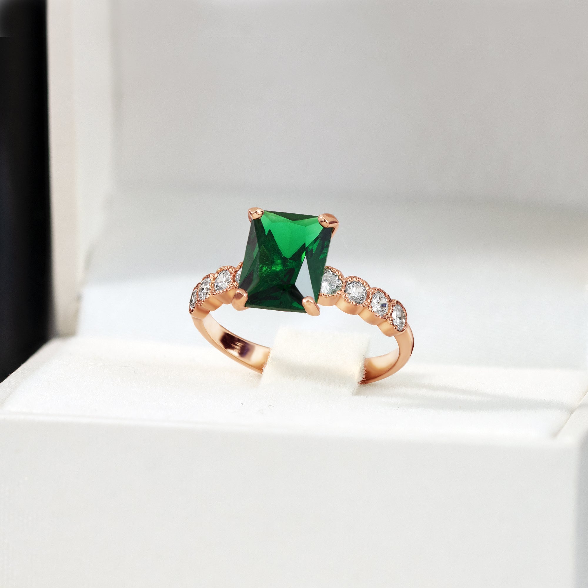 Emerald Ring - May Birthstone - Octagon Emerald Gemstone Statement Engagement Ring with Clear Quartz Accents - H.L.Jewelry