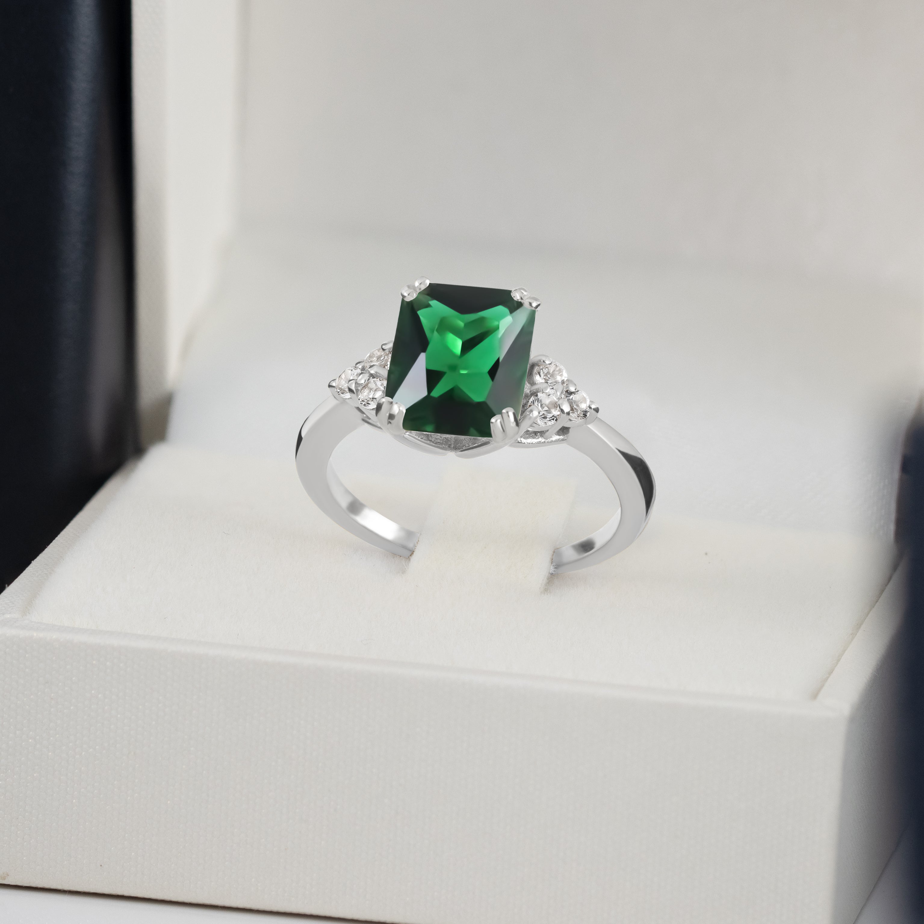 Emerald Ring - May Birthstone - Octagon Emerald Gemstone Statement Engagement Ring with Clear Quartz Accents - H.L.Jewelry