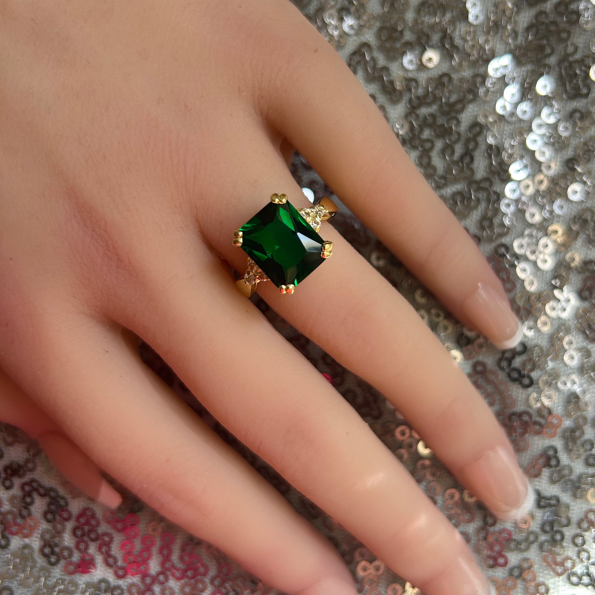 Emerald Ring - May Birthstone - Statement Engagement Ring with Octagon Emerald Gemstone and Clear Quartz Accents - H.L.Jewelry