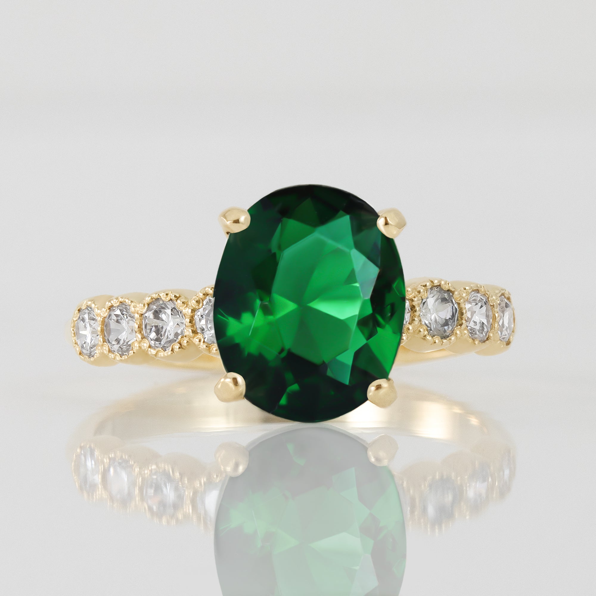 Emerald Ring - May Birthstone - Oval Emerald Gemstone Statement Engagement Ring with Clear Quartz Accents - H.L.Jewelry