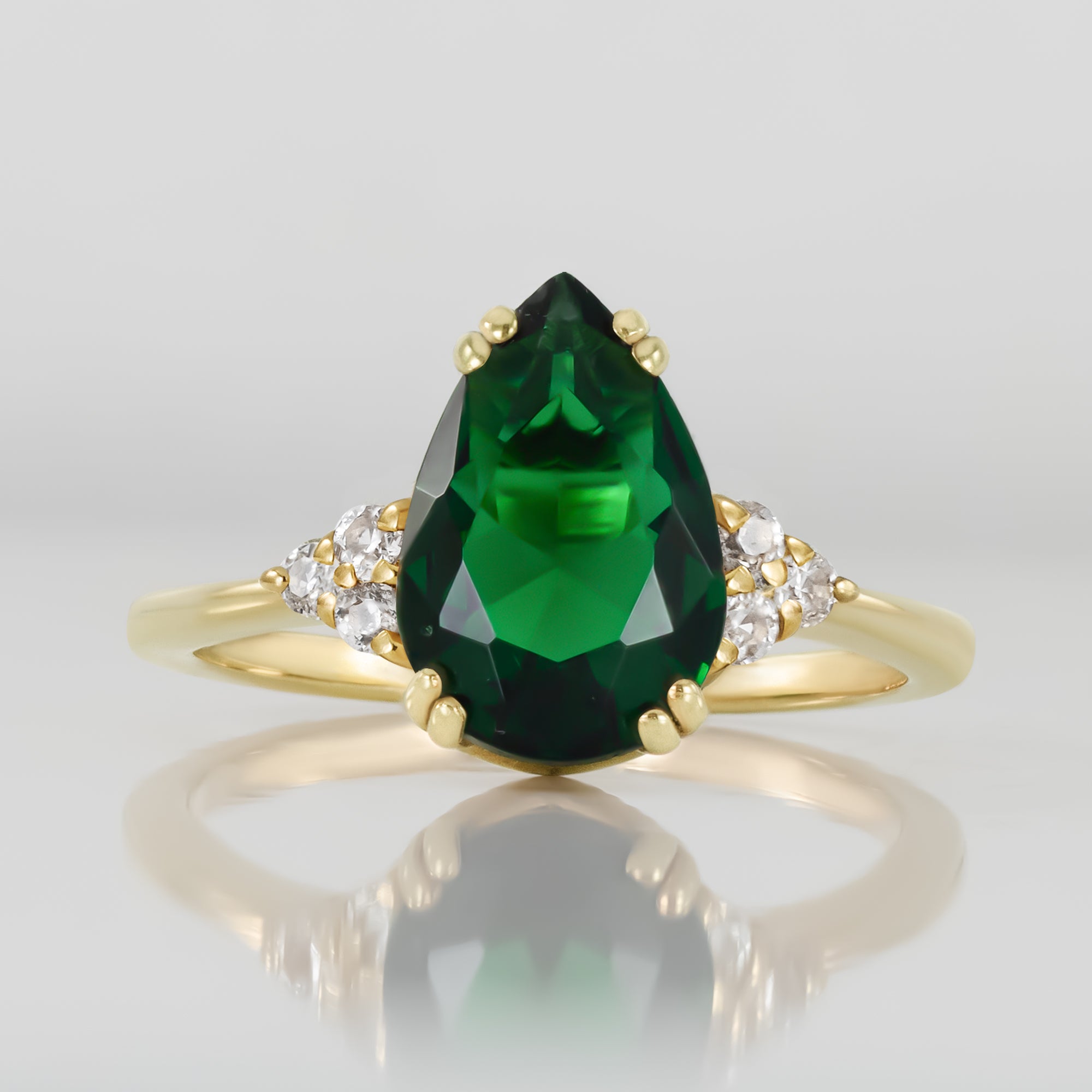 Emerald Ring - May Birthstone - Pear-Shaped Emerald Gemstone Statement Engagement Ring with Clear Quartz Accents - H.L.Jewelry